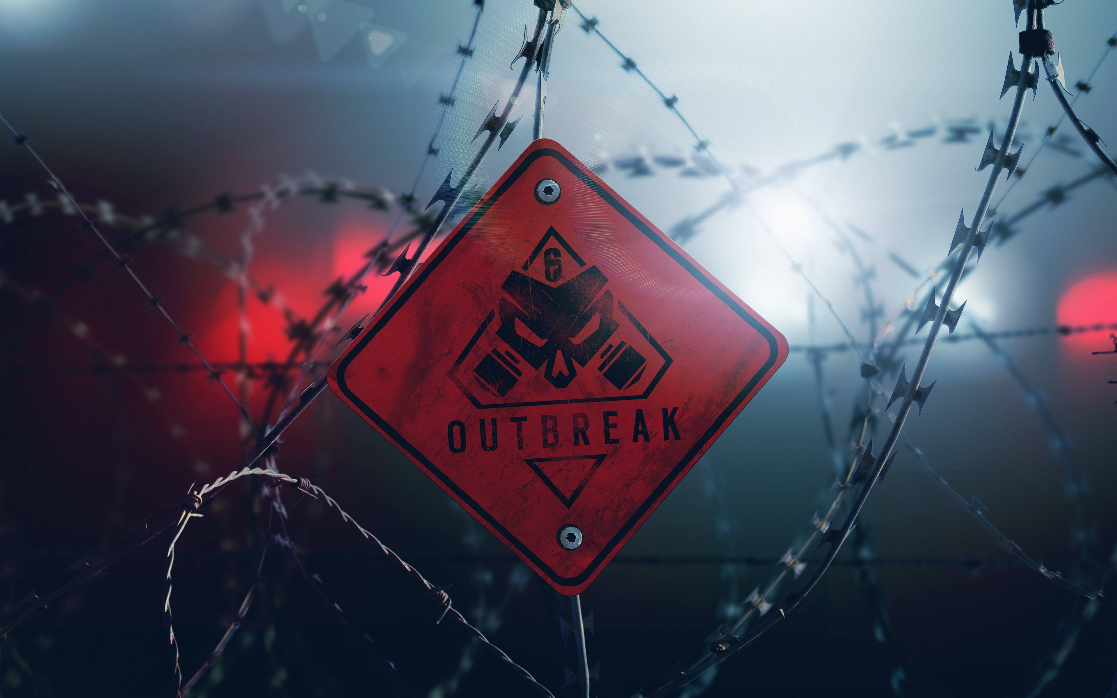 Rainbow Six Siege, red outbreak warning sign, tangled barbed wire, 4K Desktop Wallpaper