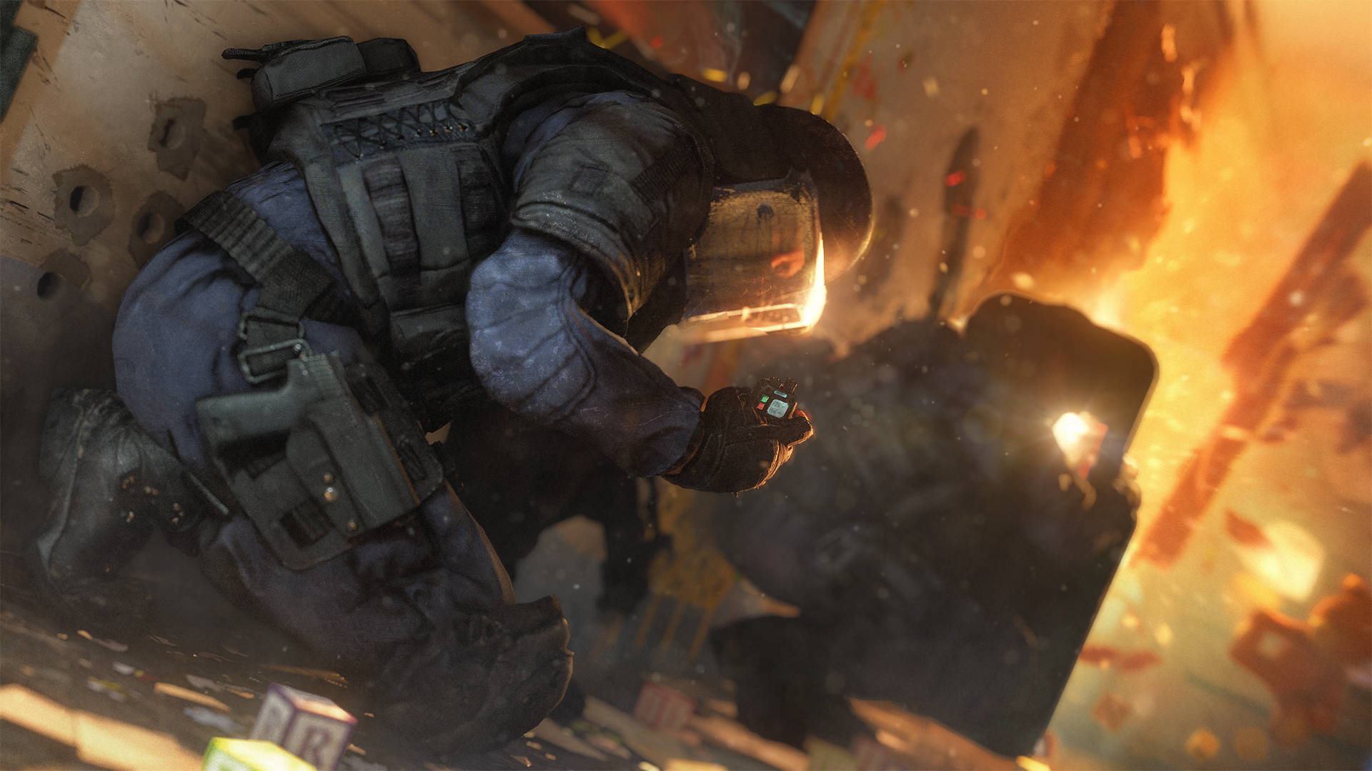 Rainbow Six Siege, tactical gear, fiery explosion debris, Full HD Desktop Wallpaper