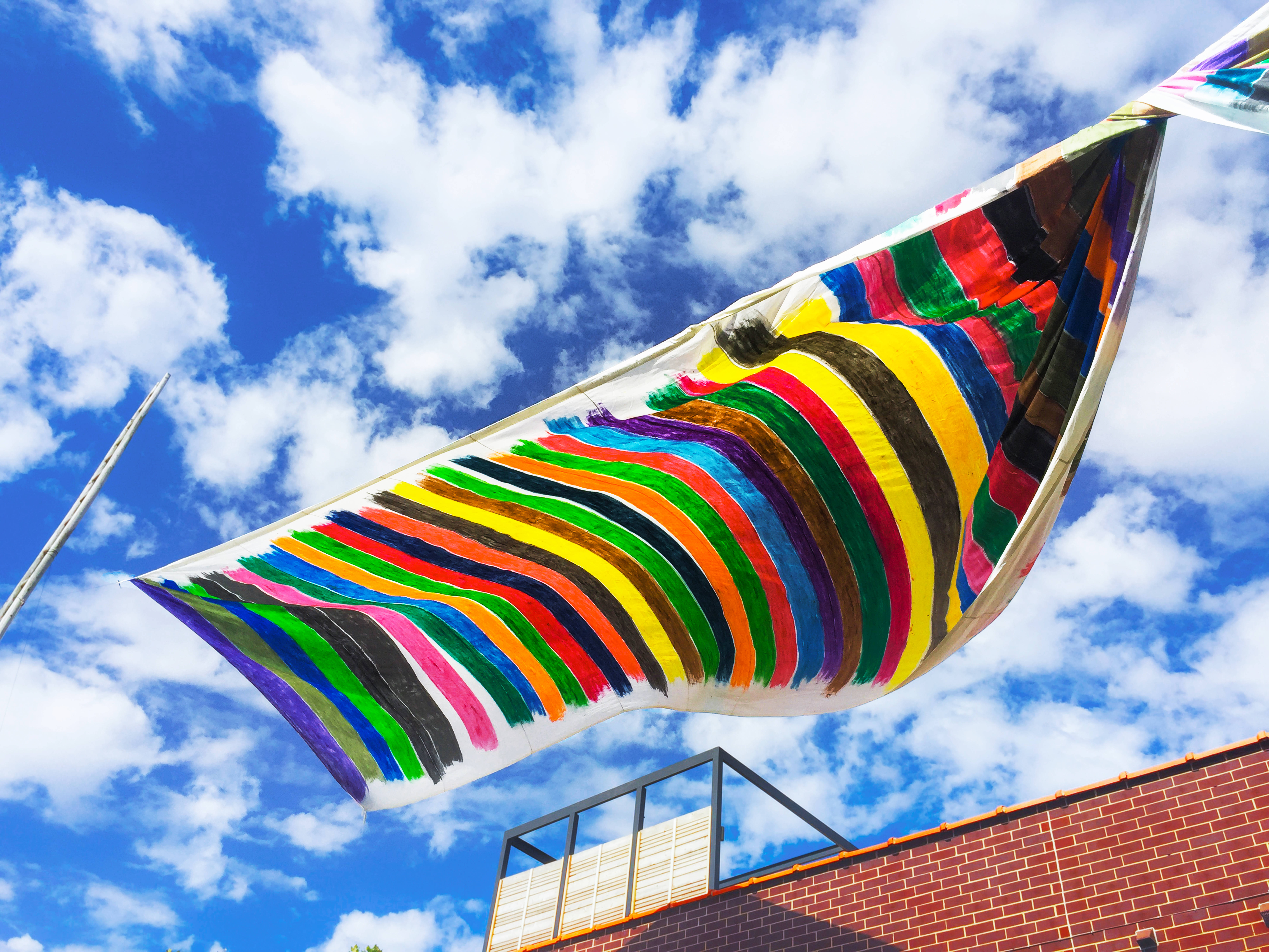 rainbow stripes, flag, bright blue sky, 8K Desktop Wallpaper