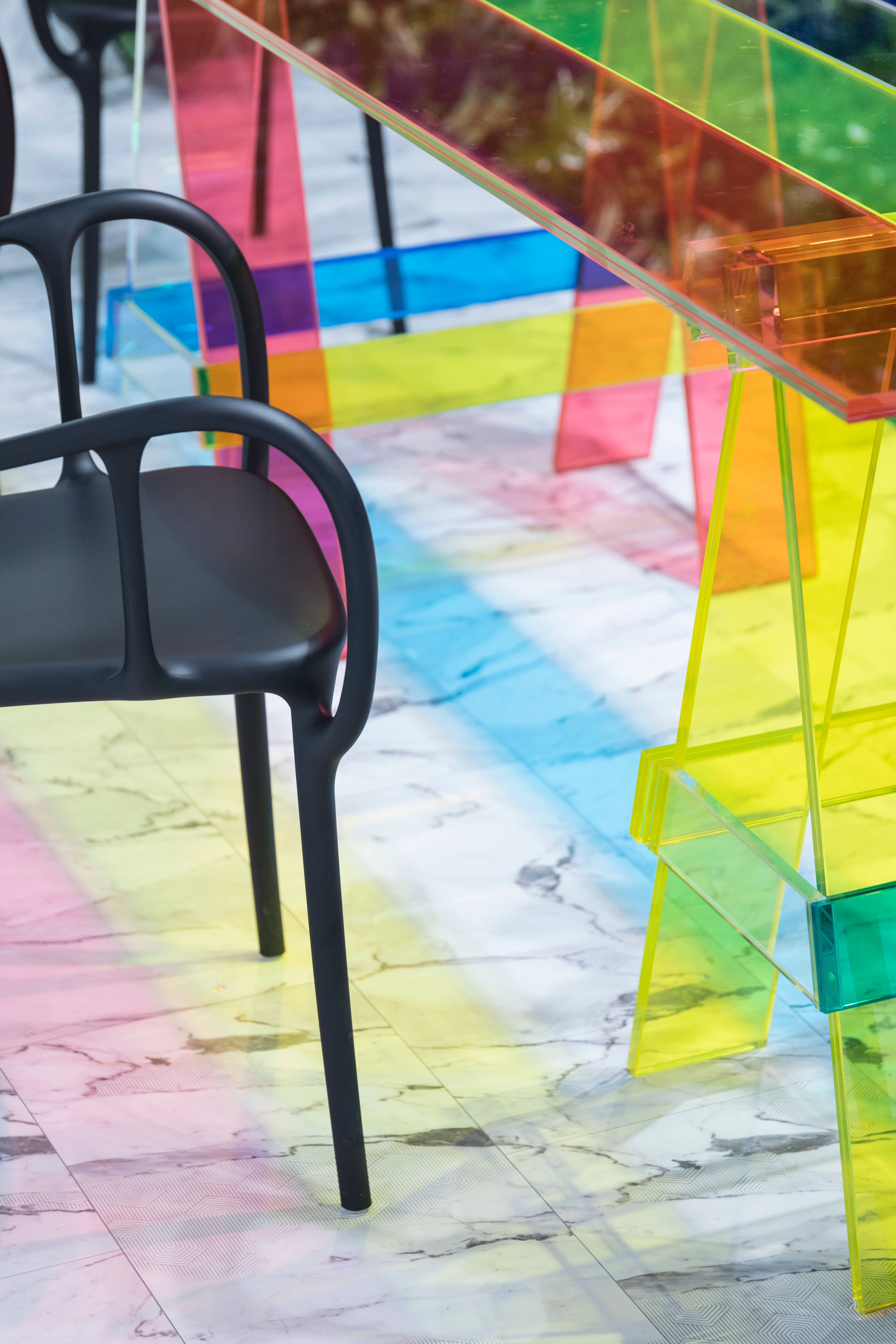 glass table, rainbow stripes design, vibrant rainbow-colored acrylic table, 5K Phone Wallpaper