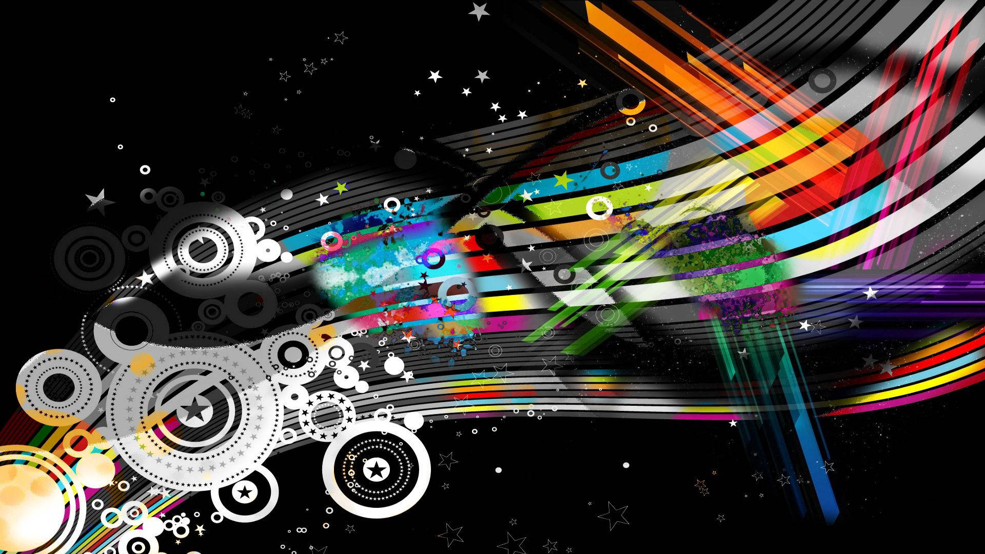 rainbow streaks, geometric circles, black canvas, Full HD Desktop Wallpaper