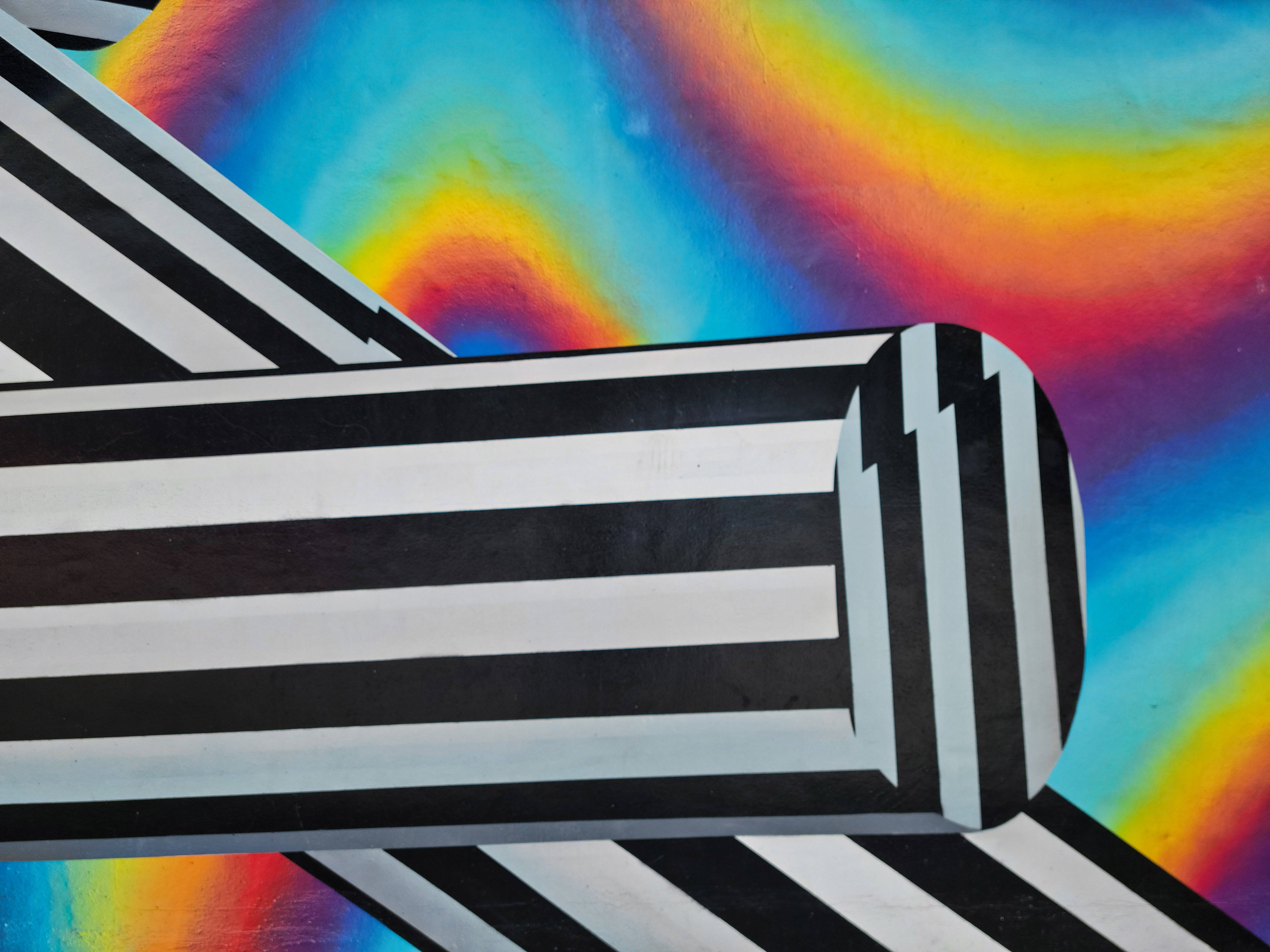 rainbow gradient background, black and white striped geometric forms, artistic rainbow stripes design, 4K Desktop Wallpaper