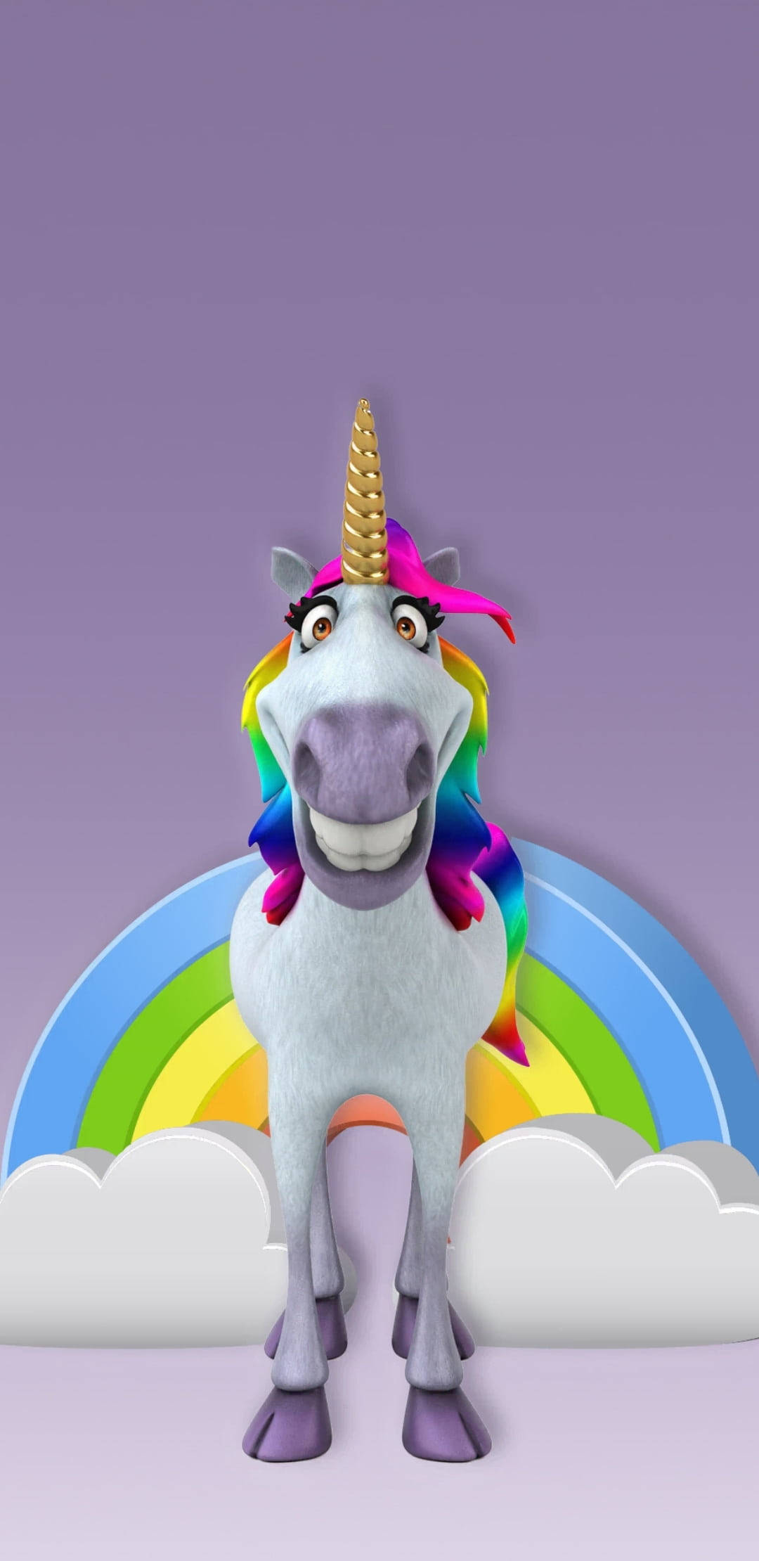 Smiling Rainbow Unicorn, rainbow mane, golden horn, Full HD Phone Wallpaper