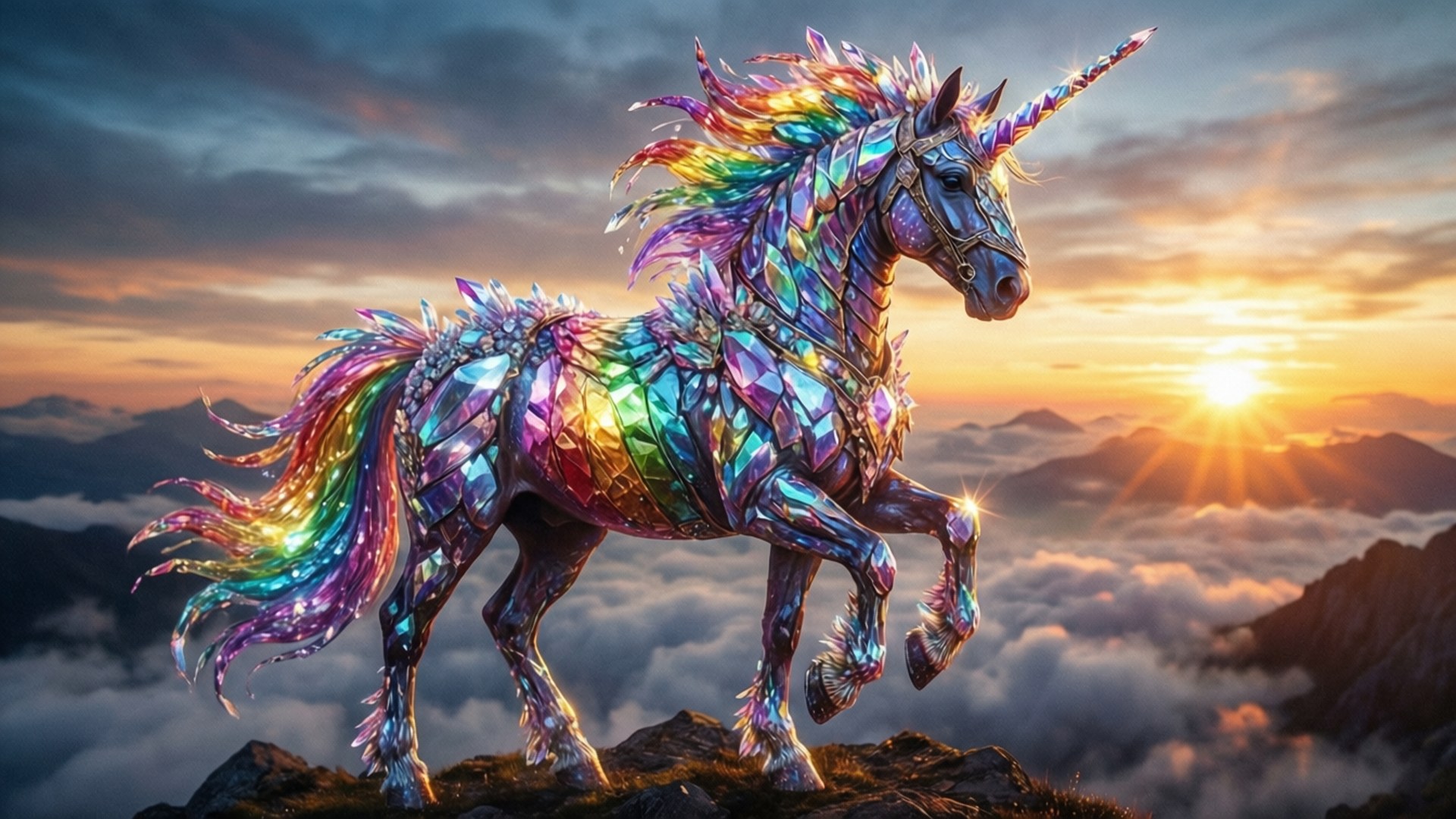 crystal armor, rainbow unicorn, mountain peak, Full HD Desktop Wallpaper