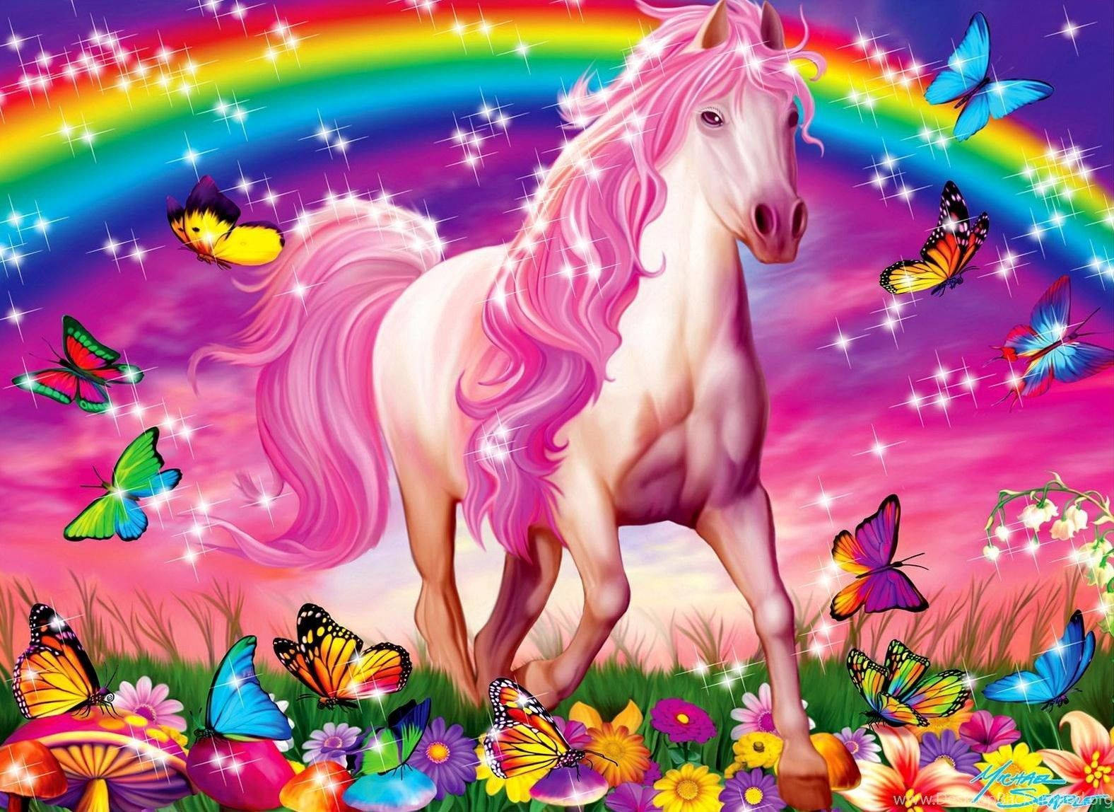 Rainbow Unicorn, pink-haired unicorn, vibrant meadow, HD Desktop Wallpaper