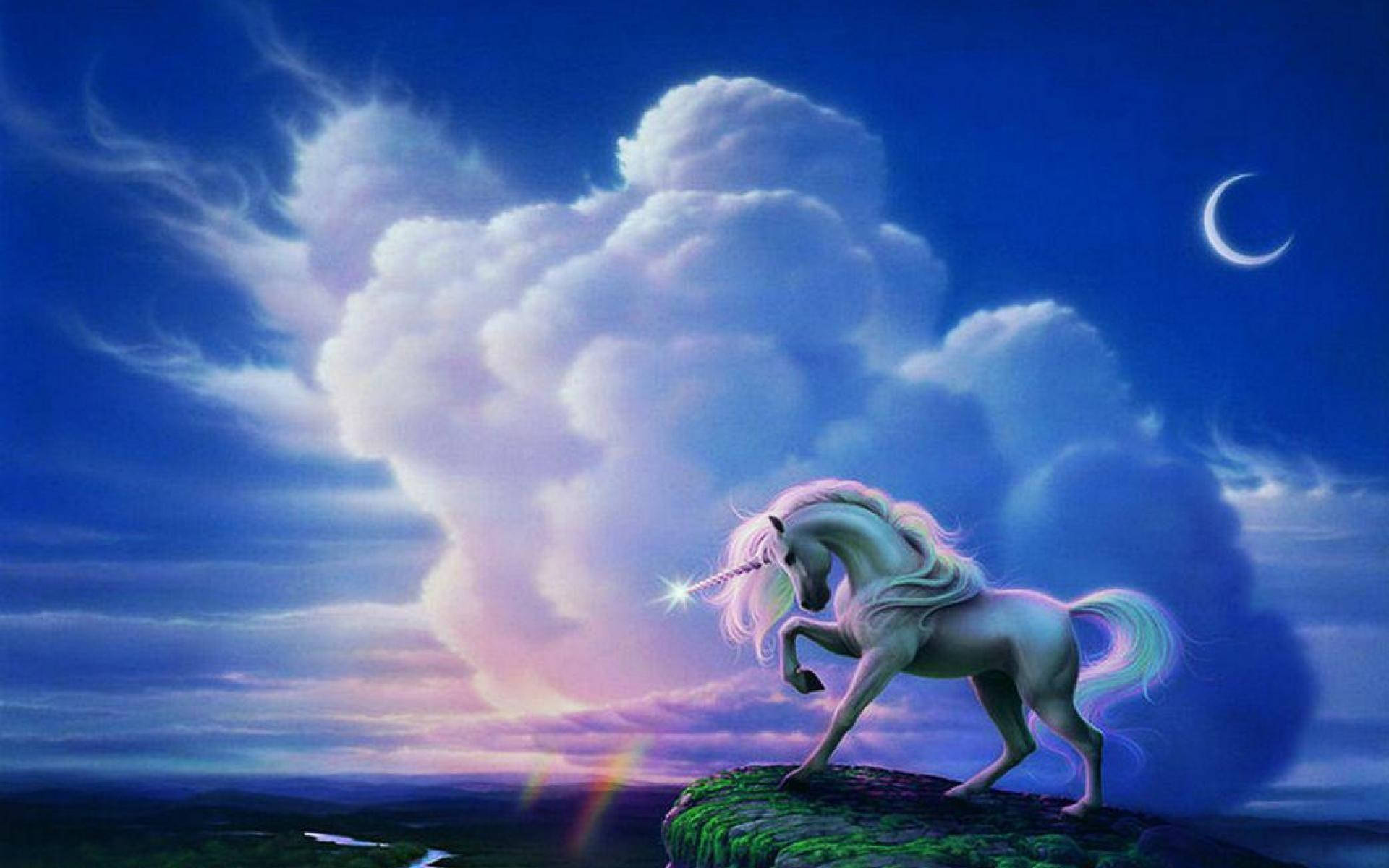 Rainbow Unicorn, mossy cliff, crescent moon, Full HD Desktop Wallpaper