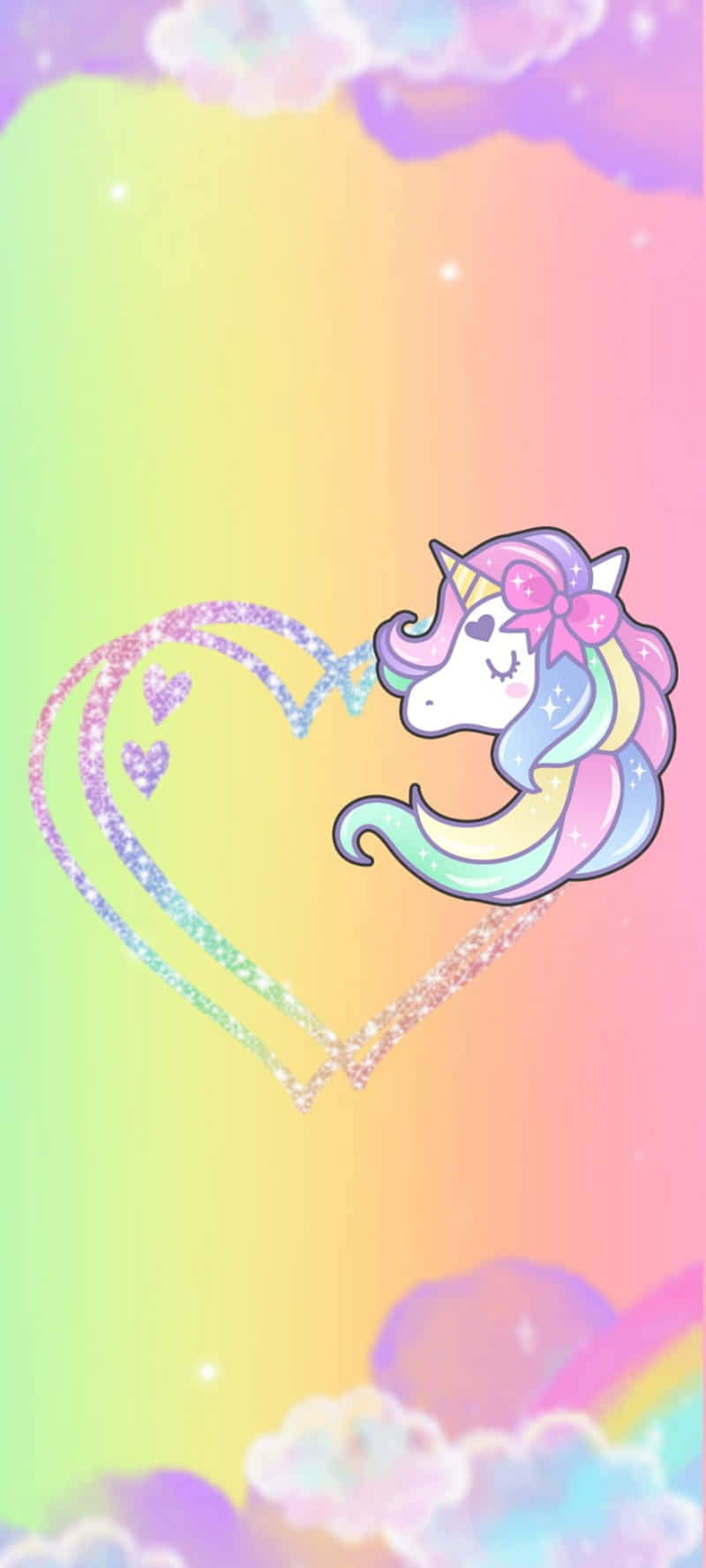 pastel unicorn, pink bow, glittery hearts, HD Phone Wallpaper