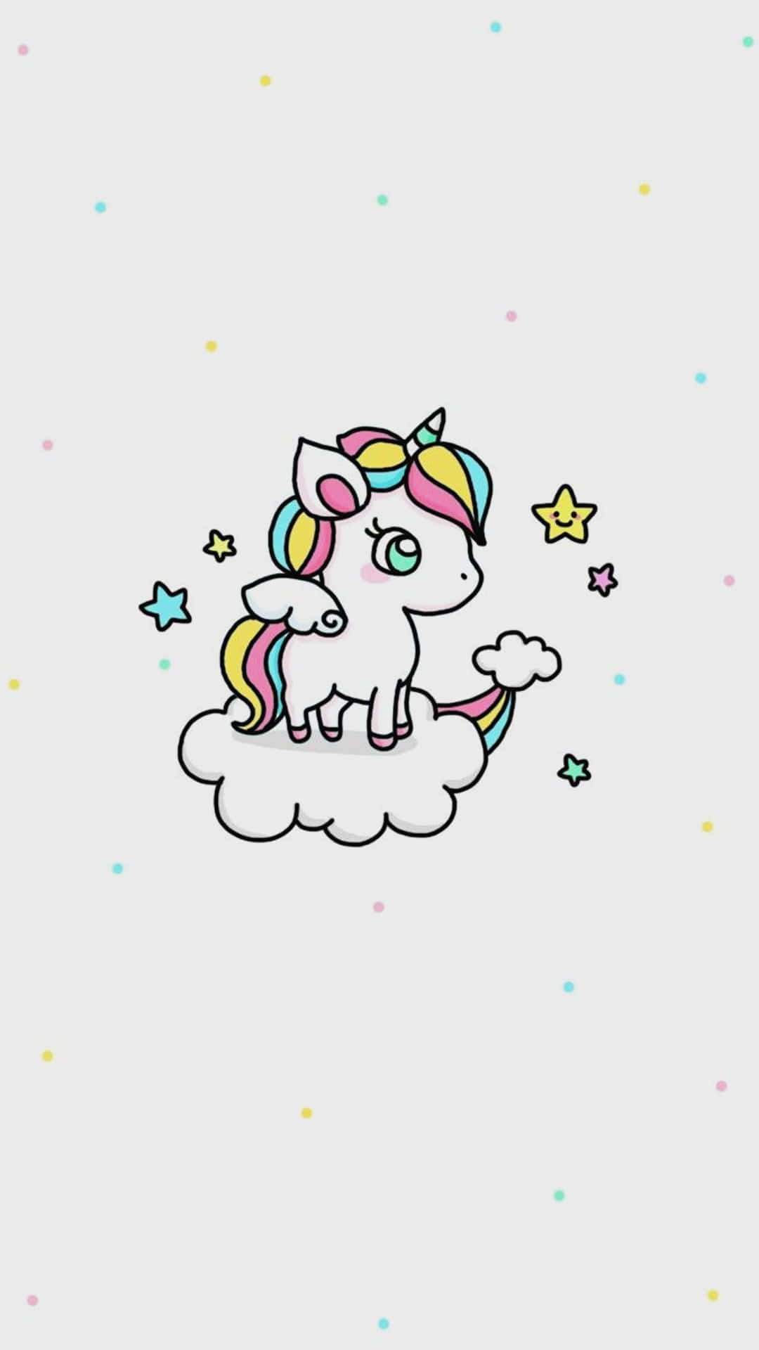 cute cartoon unicorn, rainbow mane and tail, cloud, Full HD Phone Wallpaper