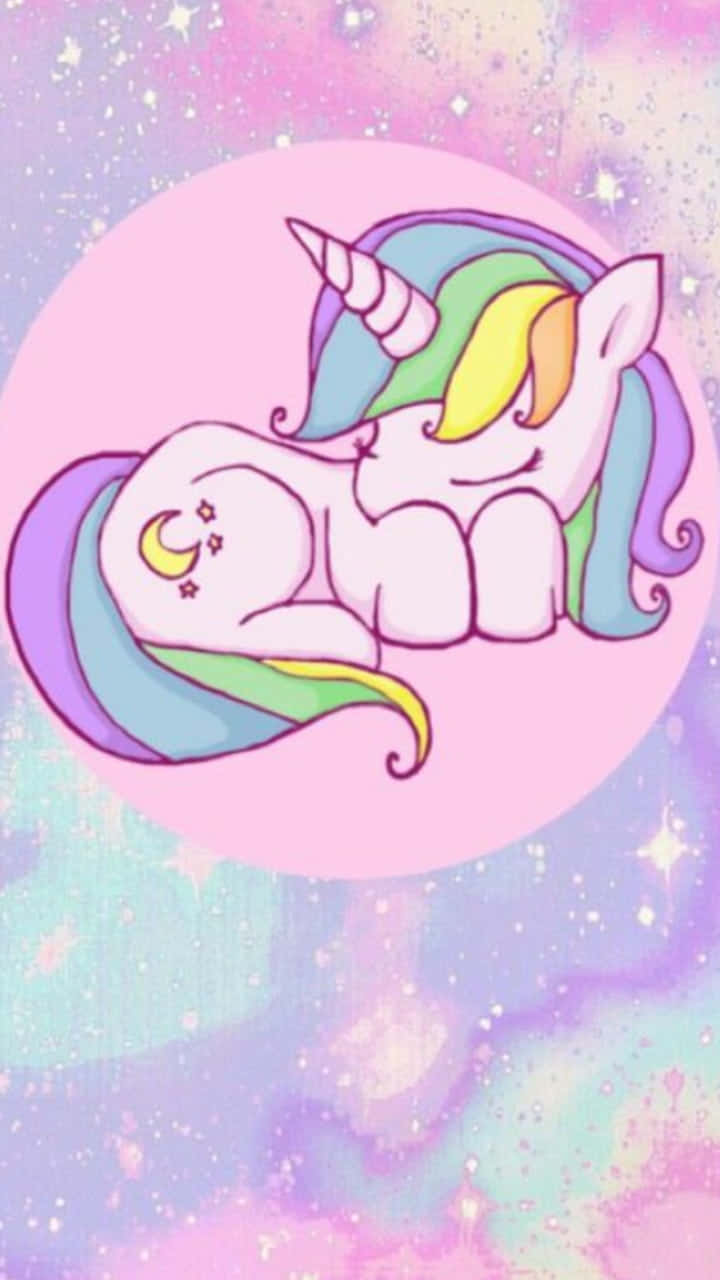 cute cartoon unicorn, rainbow mane, pink circle, HD Phone Wallpaper