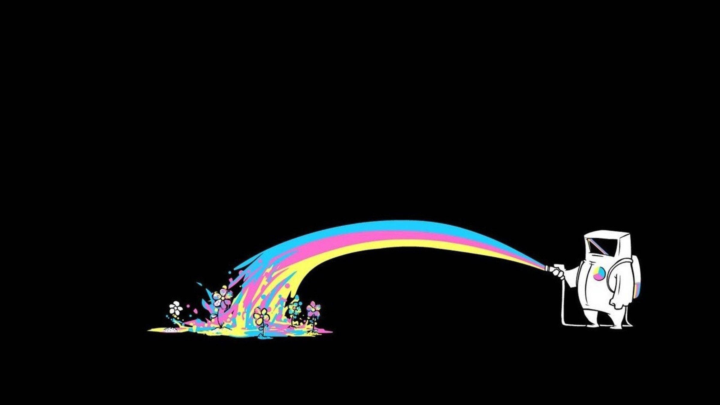 white robot, vibrant rainbow, colorful flowers, Full HD Desktop Wallpaper