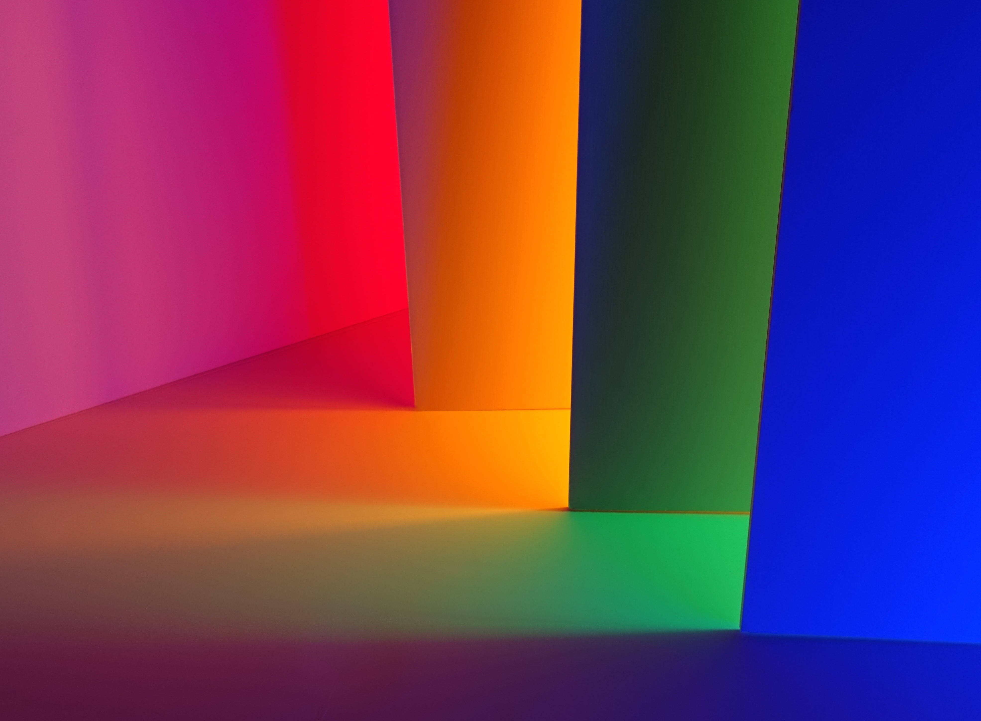 rainbow, geometric blocks, glowing shadows, 4K Desktop Wallpaper