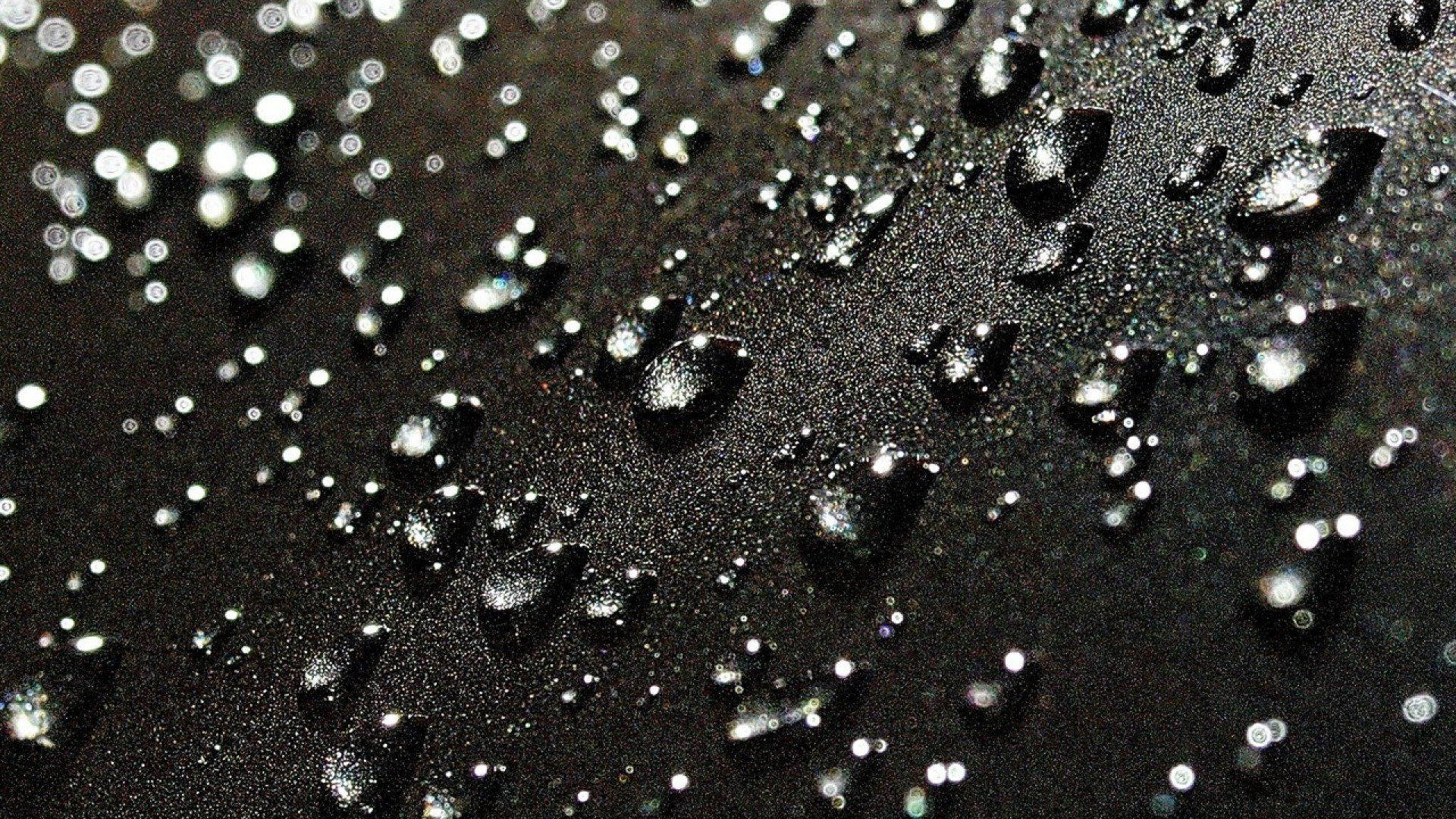 Raindrops, deep black surface, glistening water droplets, Full HD Desktop Wallpaper