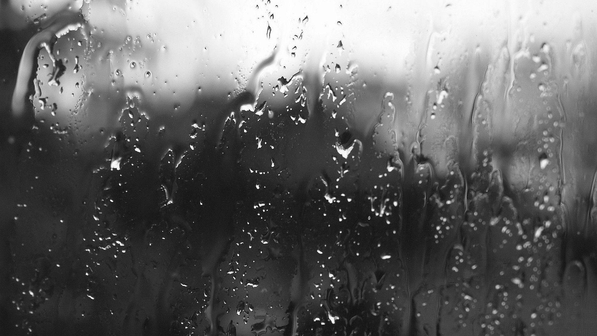 greyscale, falling raindrops, glass pane, Full HD Desktop Wallpaper