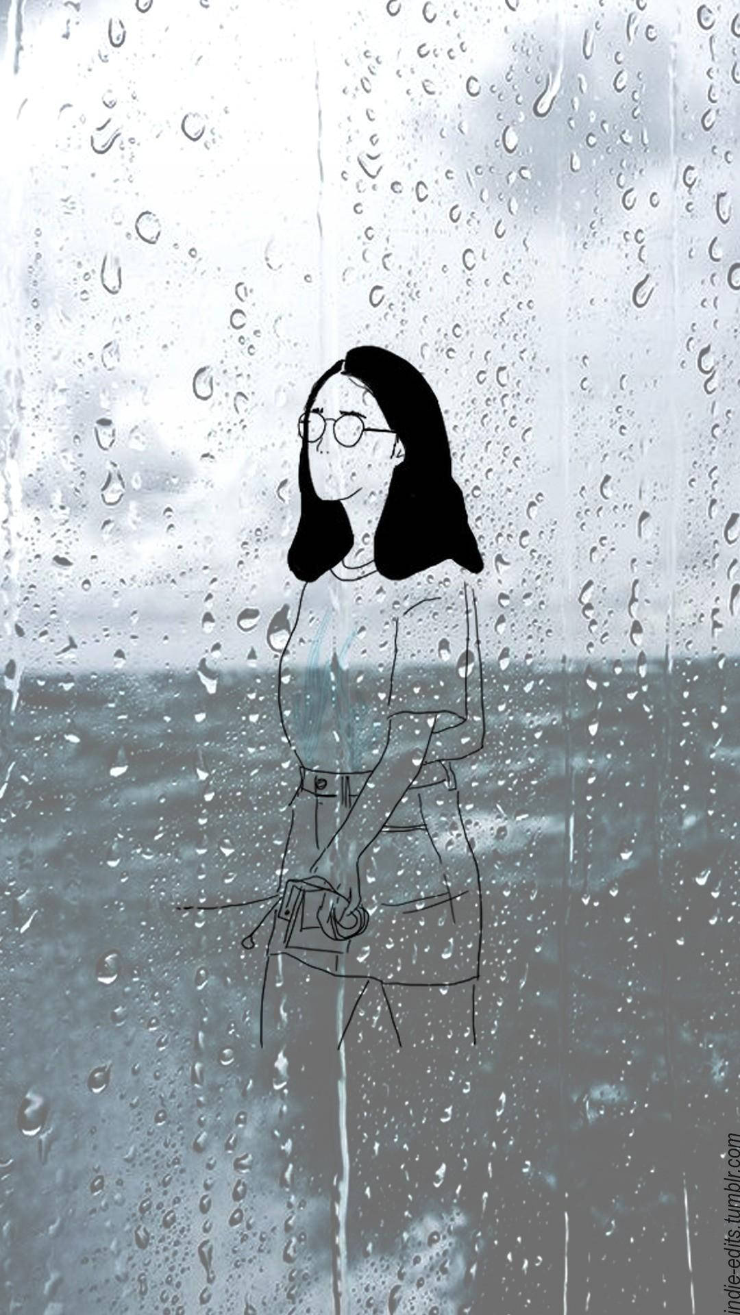stenciled woman, rain-streaked window, gray ocean, Full HD Phone Wallpaper