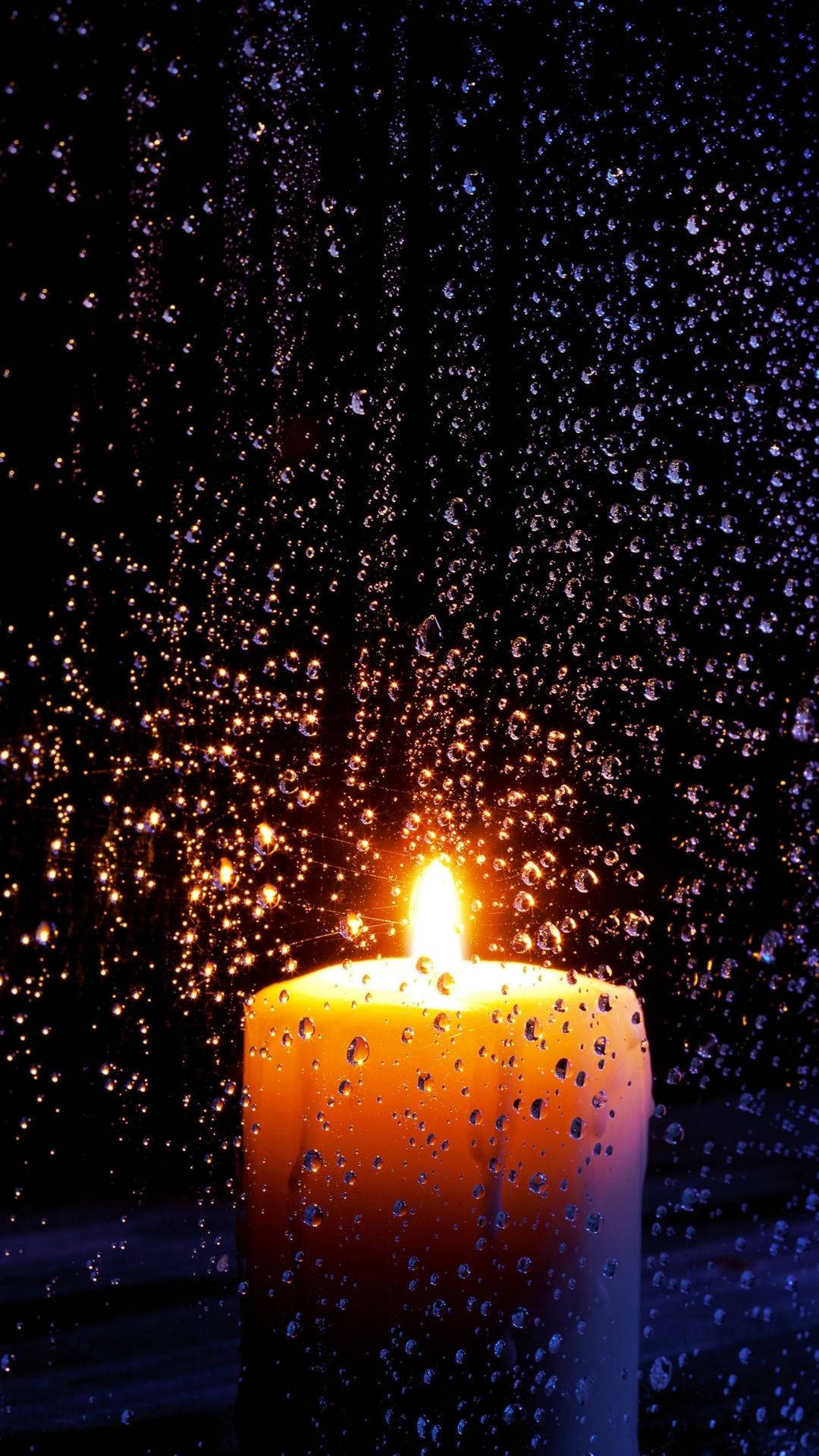 wax candle, window, raindrops, Full HD Phone Wallpaper