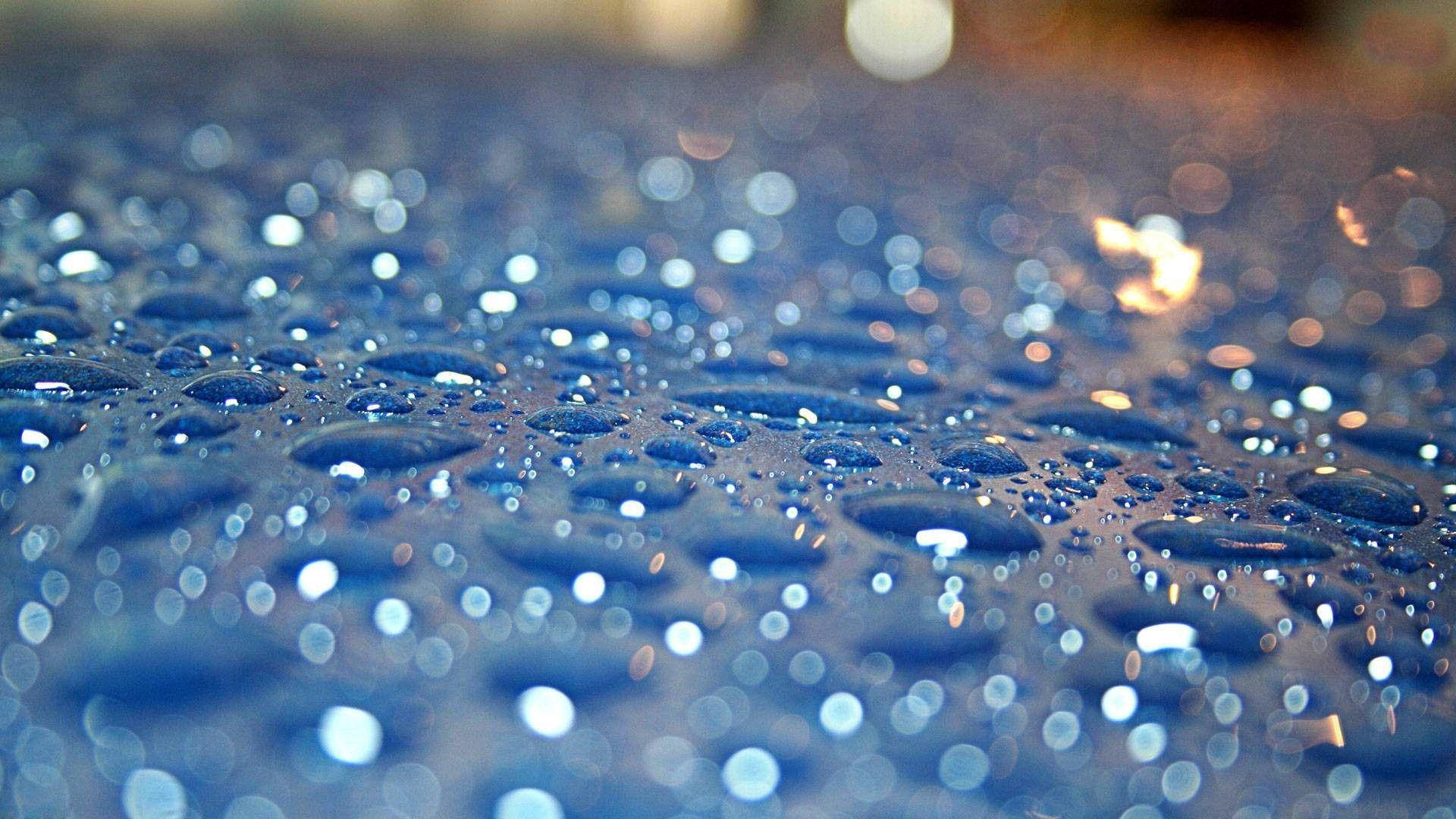 crystal like raindrops, blue surface, glistening water droplets, Full HD Desktop Wallpaper