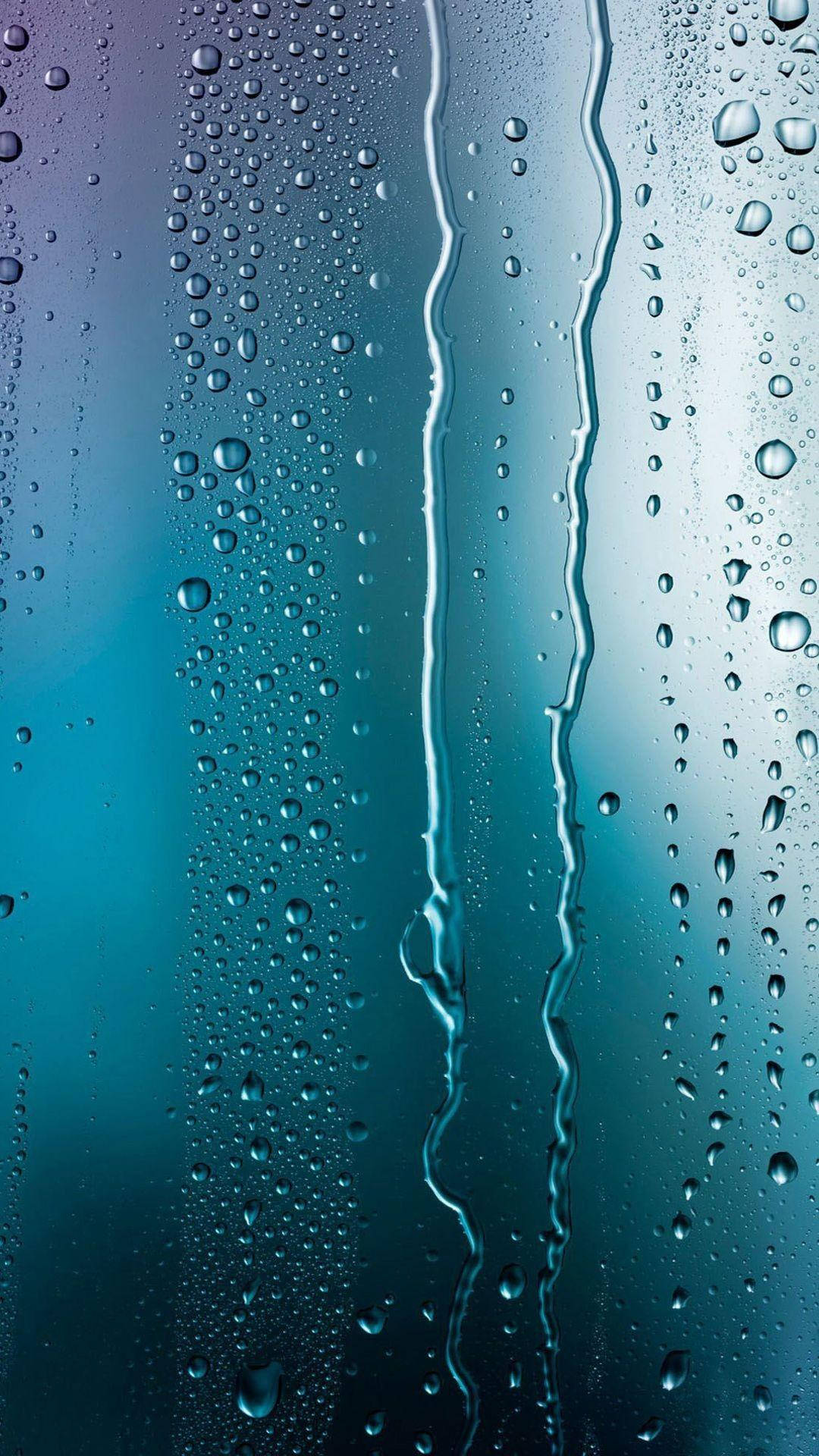 bluish themed glass pane, teal and blue hues, raindrops, Full HD Phone Wallpaper