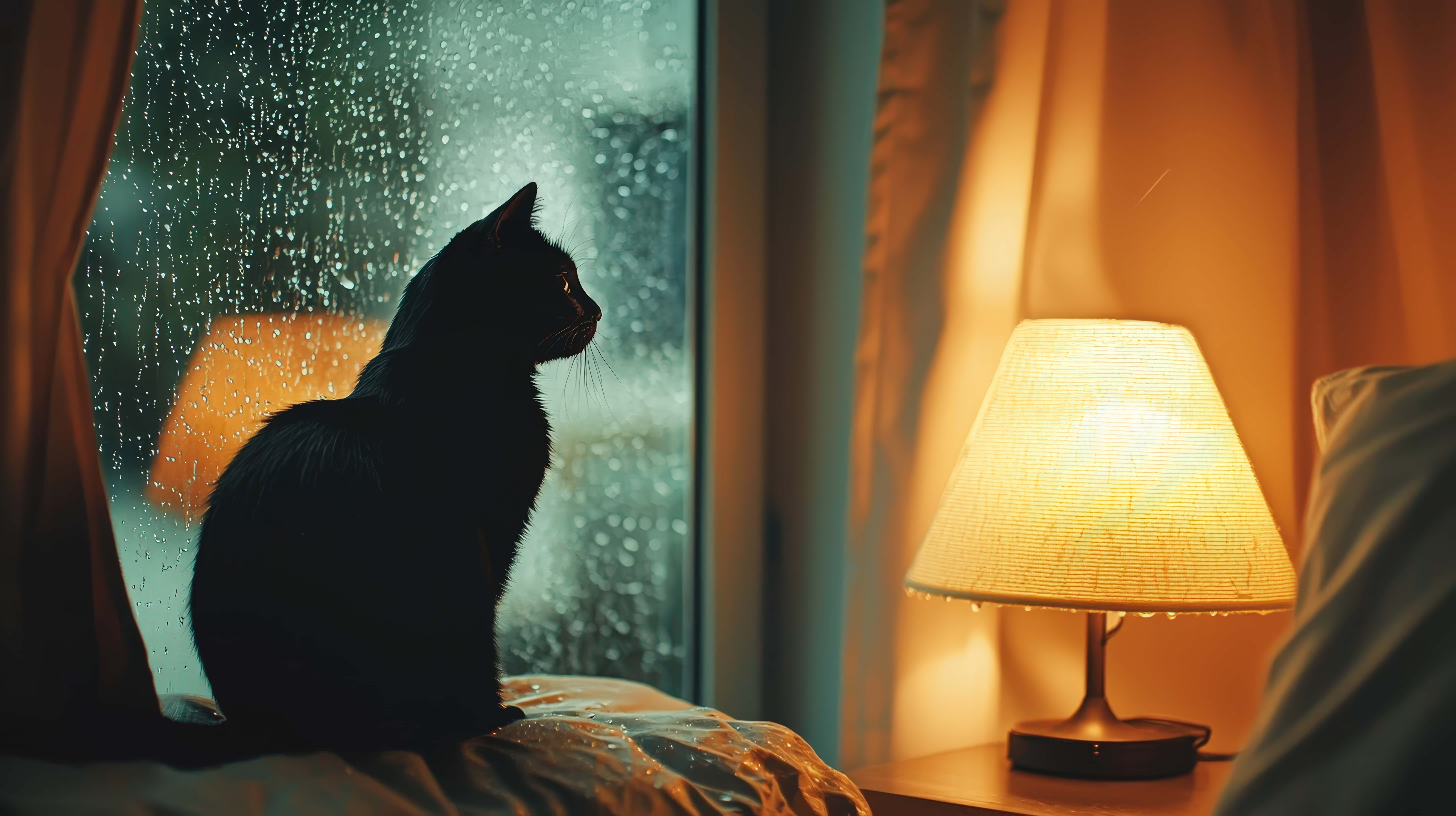 black cat, window, raindrops, 8K Desktop Wallpaper