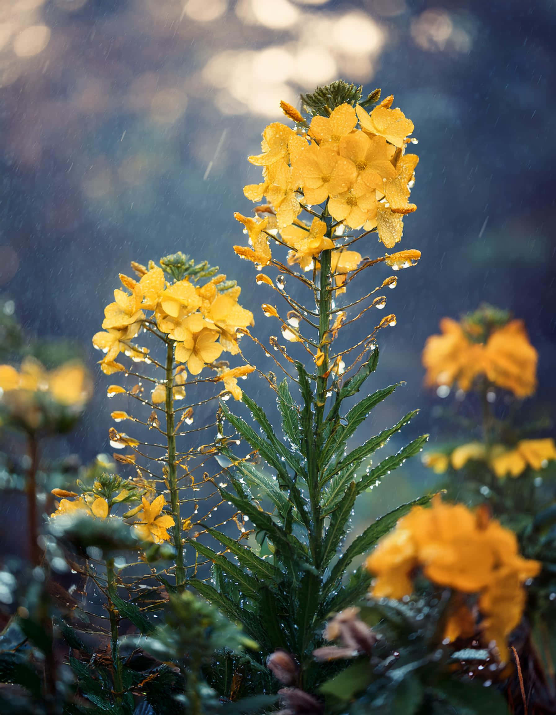 yellow flower, raindrops, soft blue bokeh background, Full HD Phone Wallpaper