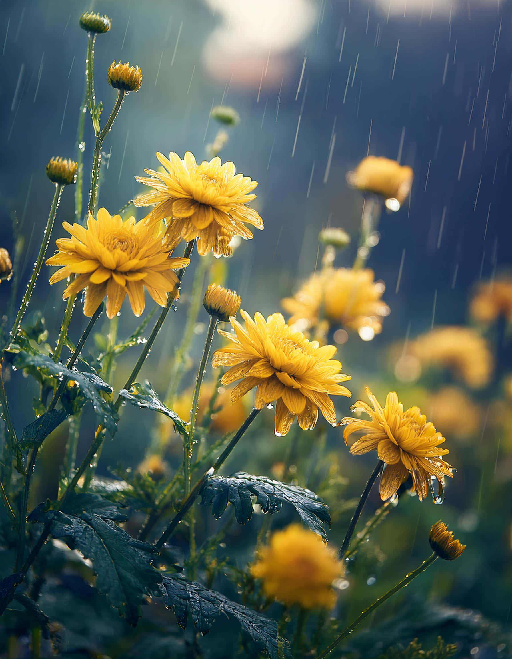 yellow chrysanthemums, raindrops, petals, Full HD Phone Wallpaper