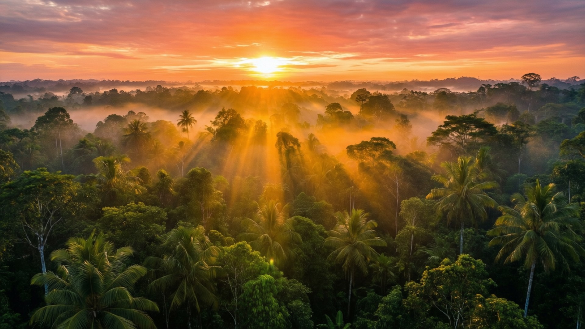 Golden Dawn, canopy, tropical jungle, Full HD Desktop Wallpaper