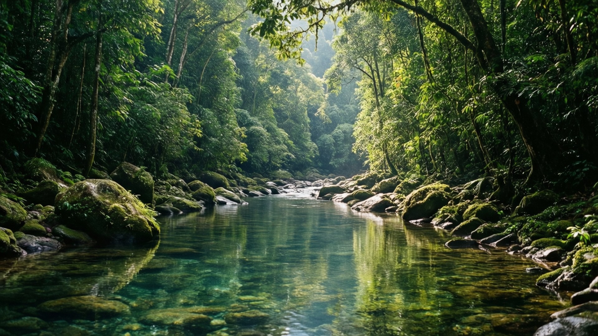 peaceful river, lush green jungle, moss covered rocks, Full HD Desktop Wallpaper