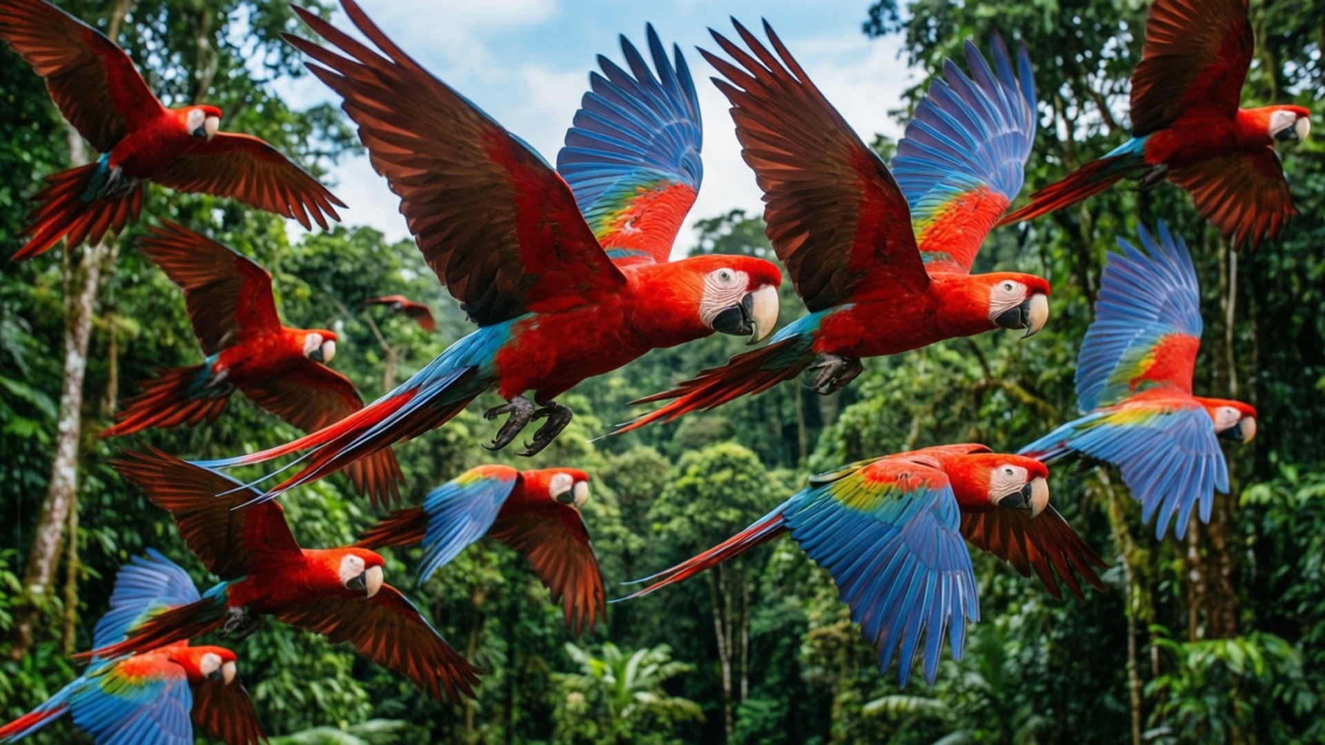 scarlet macaws, rainforest canopy, flight, Full HD Desktop Wallpaper