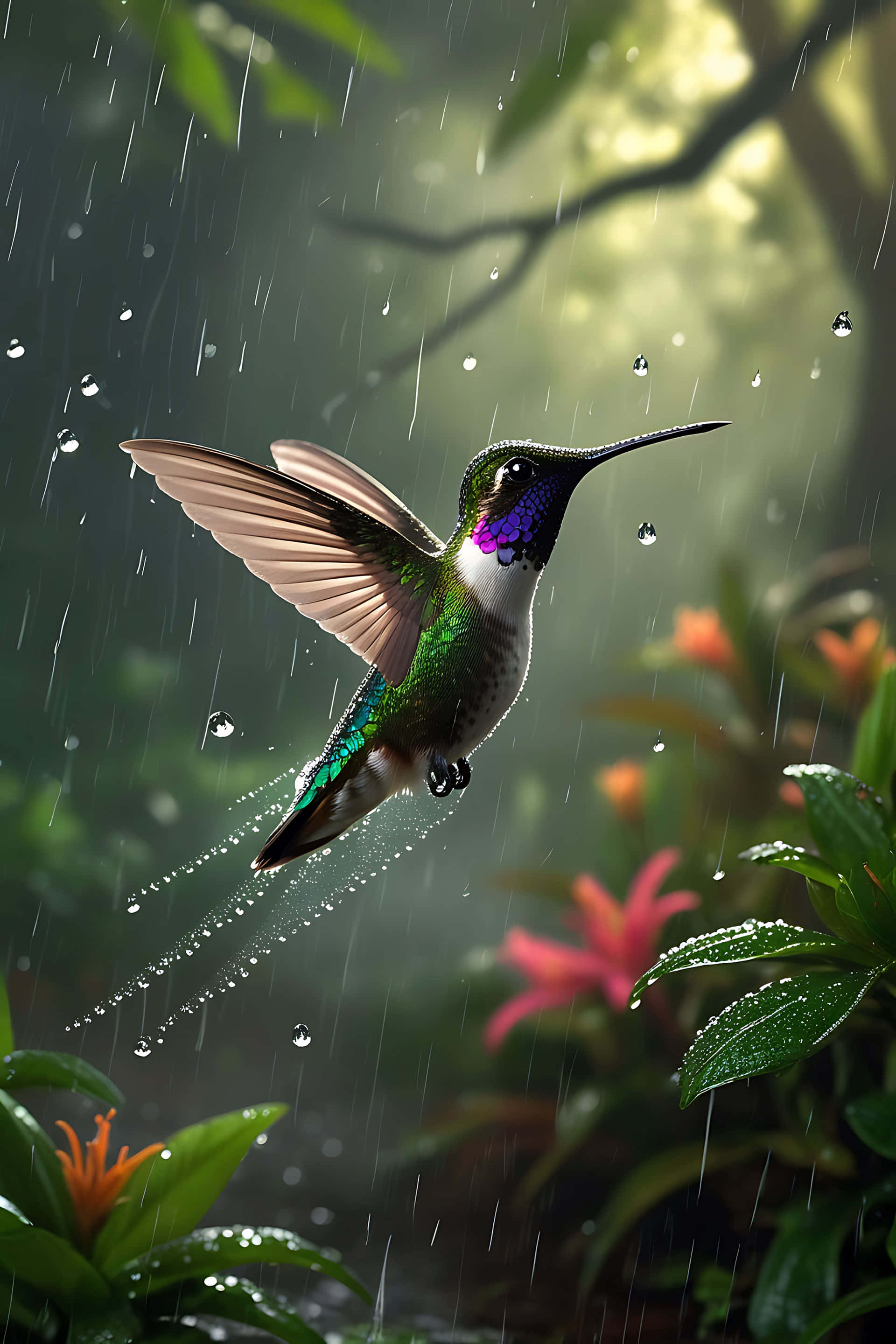 hummingbird, rainy forest, iridescent green and purple feathers, 2K Phone Wallpaper