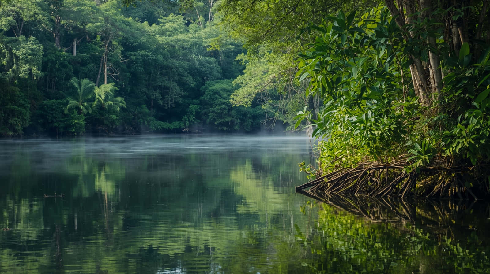 tropical mangrove forest, river, morning mist, HD Desktop Wallpaper