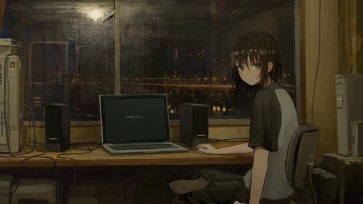 anime girl, laptop, cluttered desk, SD Desktop Wallpaper