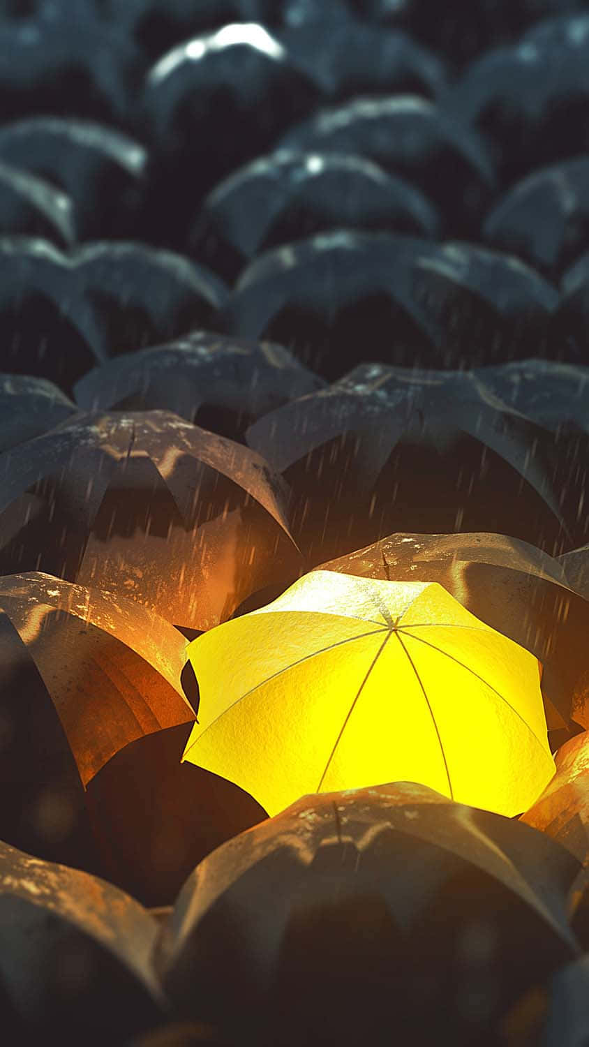 glowing yellow umbrella, sea of dark umbrellas, rain, HD Phone Wallpaper