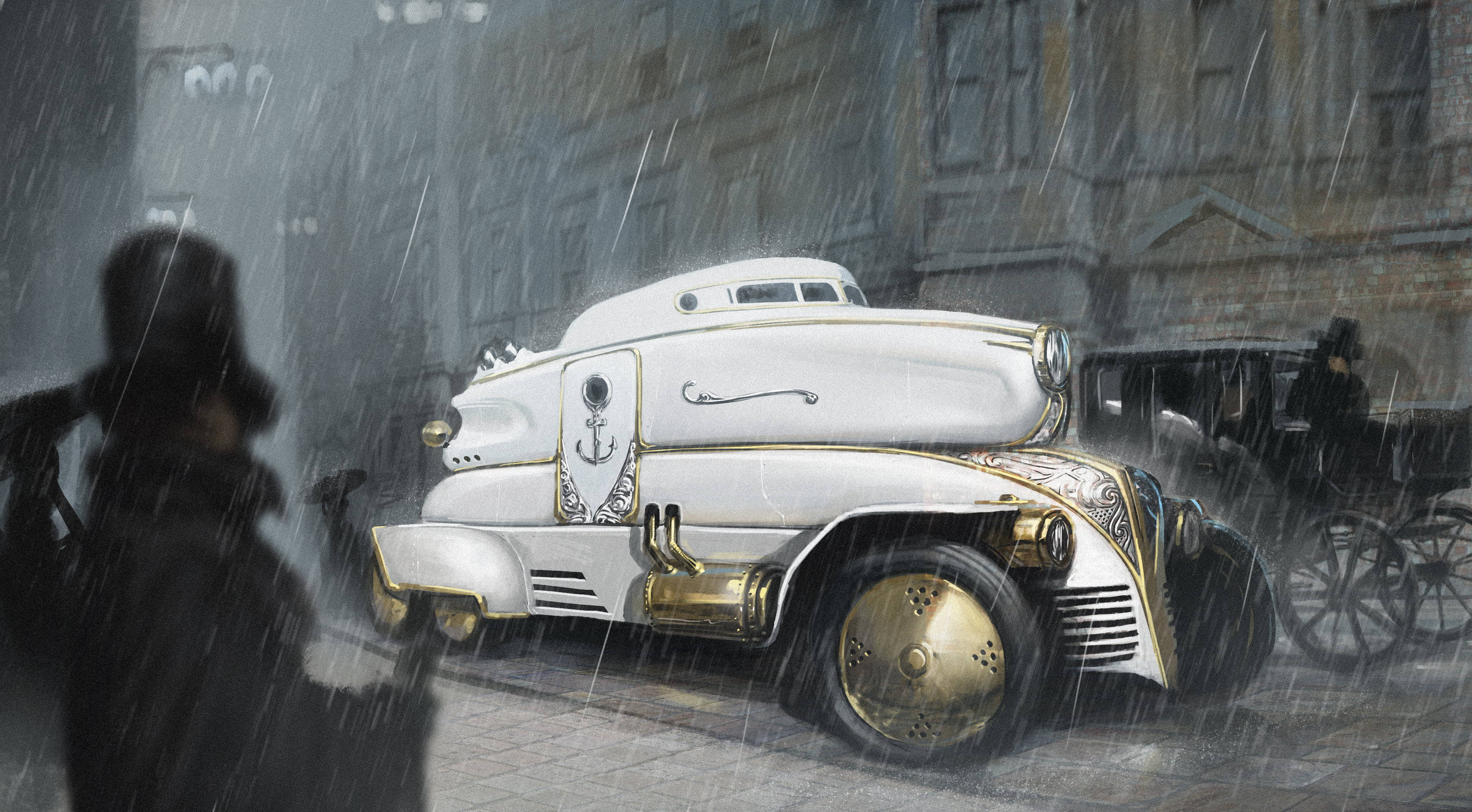 steampunk luxury car, white and gold, anchor emblem, 2K Desktop Wallpaper