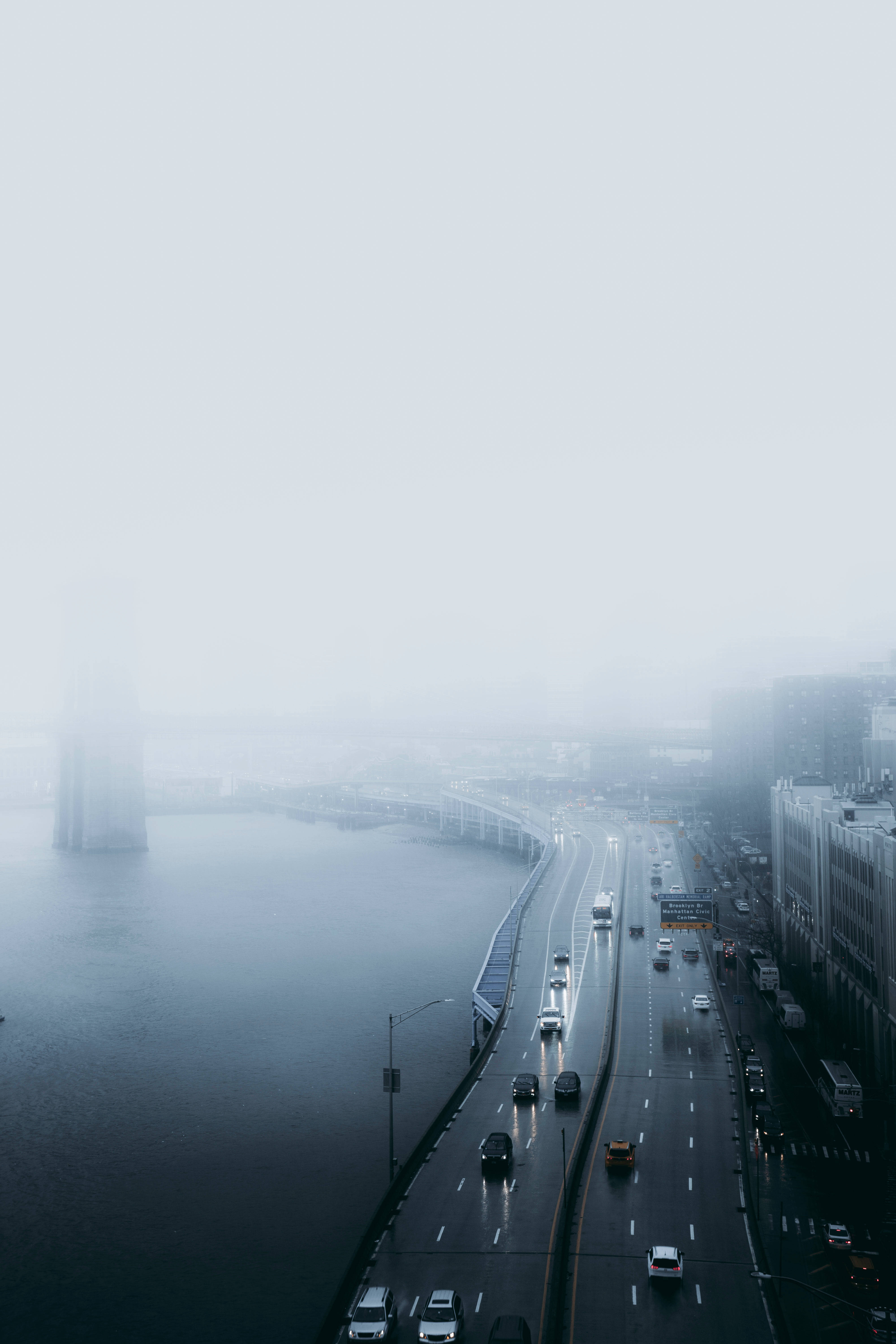 foggy city, misty urban highway, calm waterway, 5K Phone Wallpaper