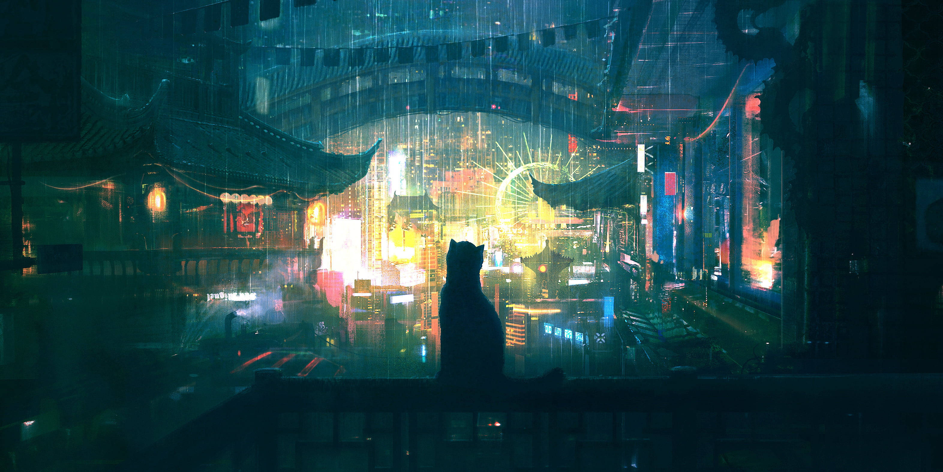 neon-drenched cyberpunk cityscape, rain-slicked glass, dark sky, 2K Desktop Wallpaper