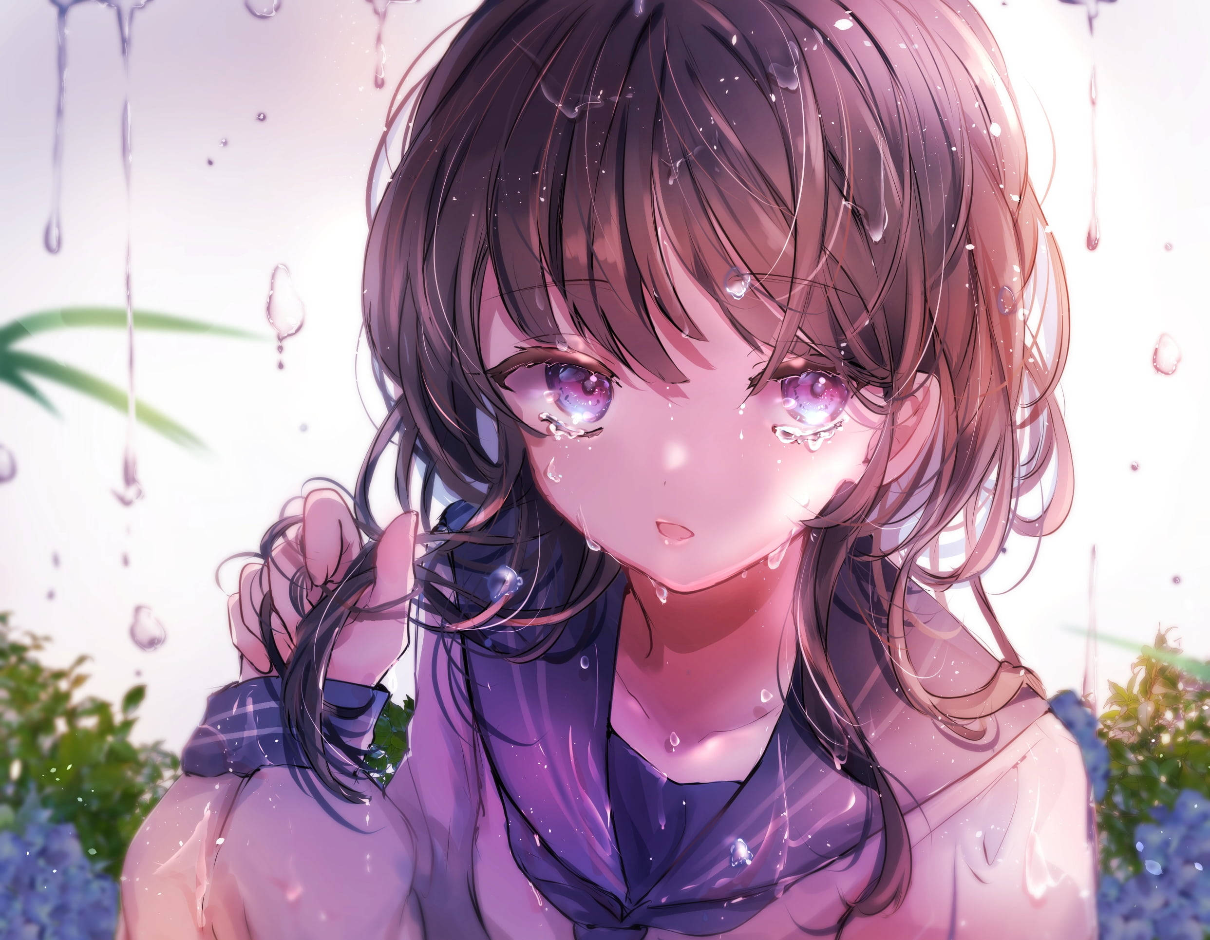 anime girl, purple eyes, wet brown hair, Full HD Desktop Wallpaper