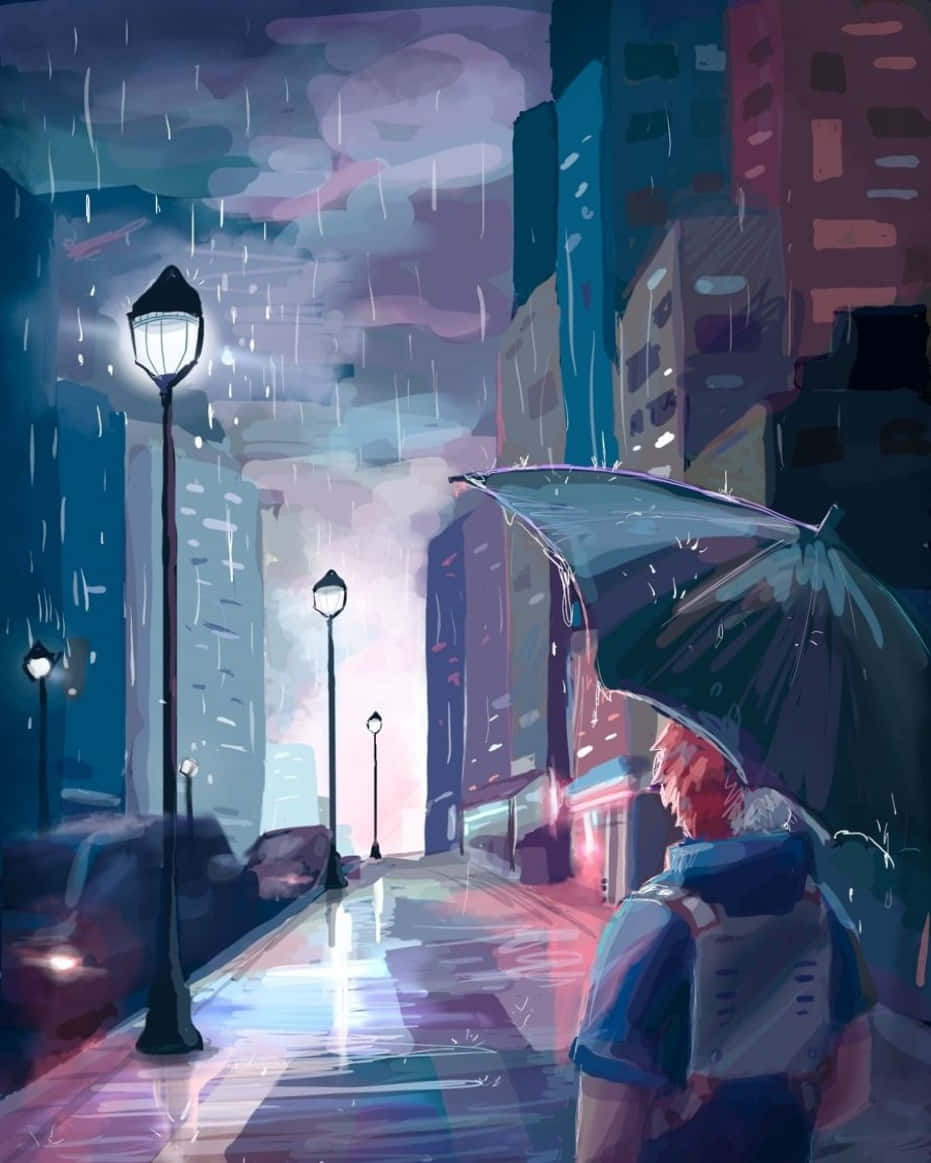 Aesthetic Anime City Boy, red hair, rainy city street, SD Phone Wallpaper