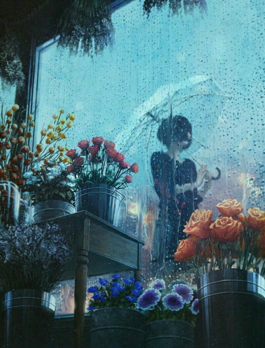 Aesthetic Girl, Rain, Flower Shop Window, SD Phone Wallpaper