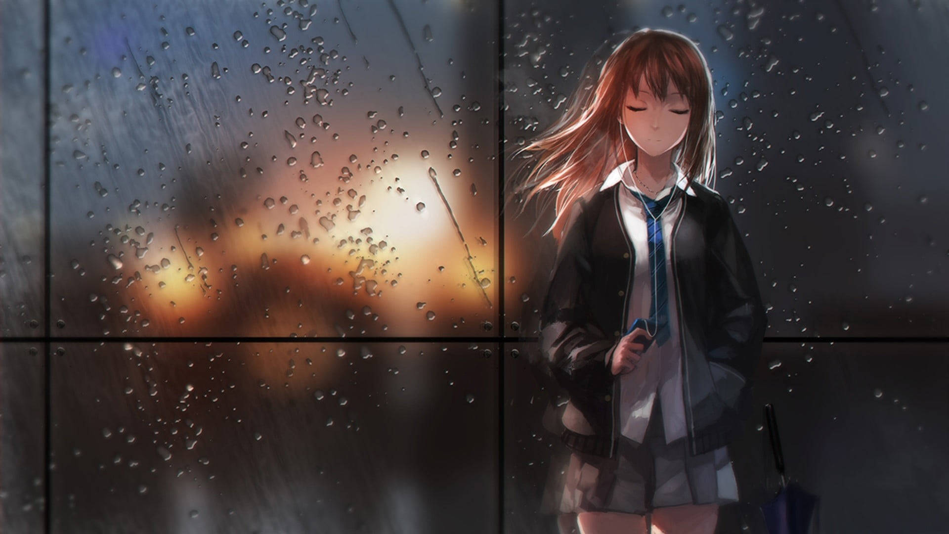 anime girl, reddish hair, rain-streaked window, Full HD Desktop Wallpaper