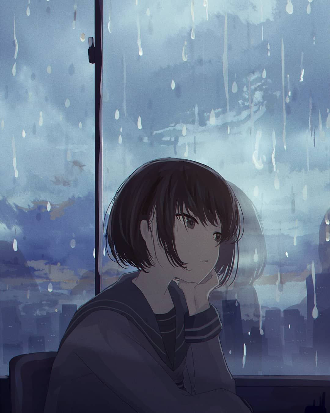 anime girl, school uniform, rain-streaked window, HD Phone Wallpaper