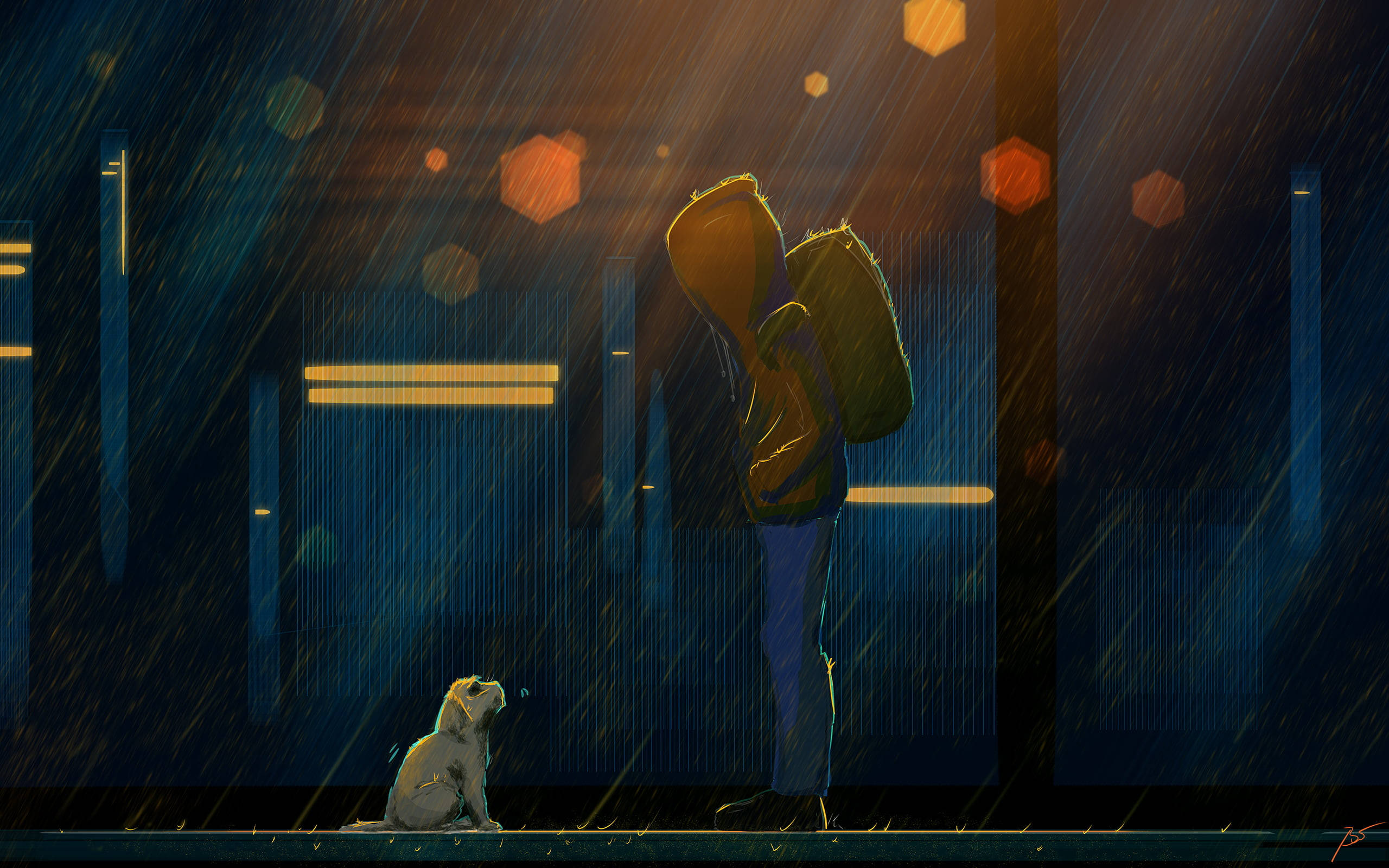 boy, dog, guitar case, 2K Desktop Wallpaper