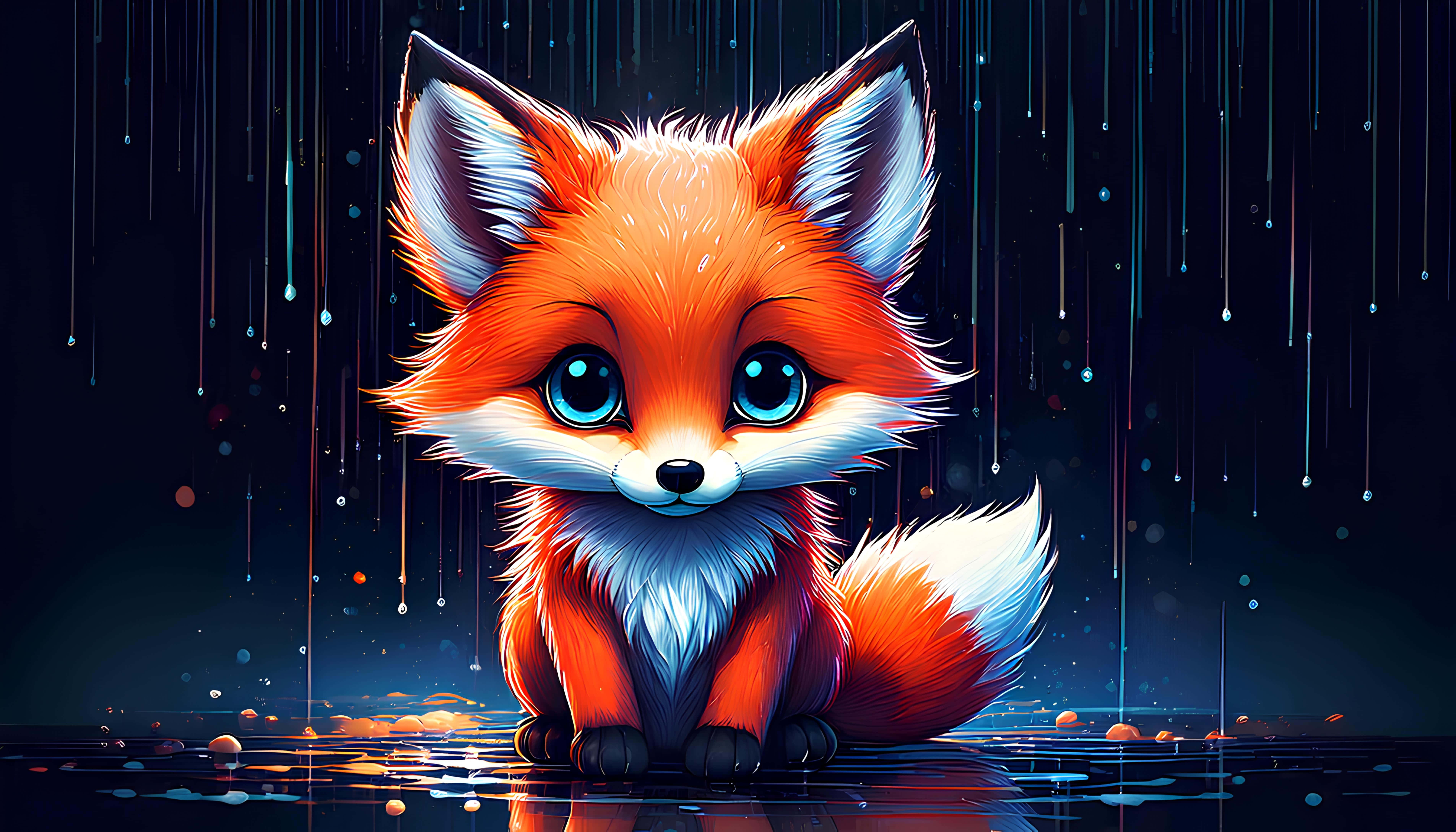 baby fox, big blue eyes, rain, 5K Desktop Wallpaper