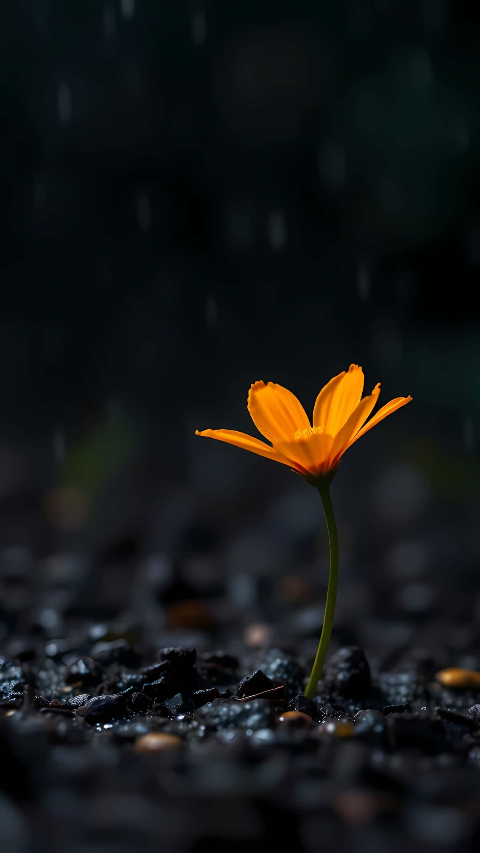 orange flower, rain, nighttime, 2K Phone Wallpaper