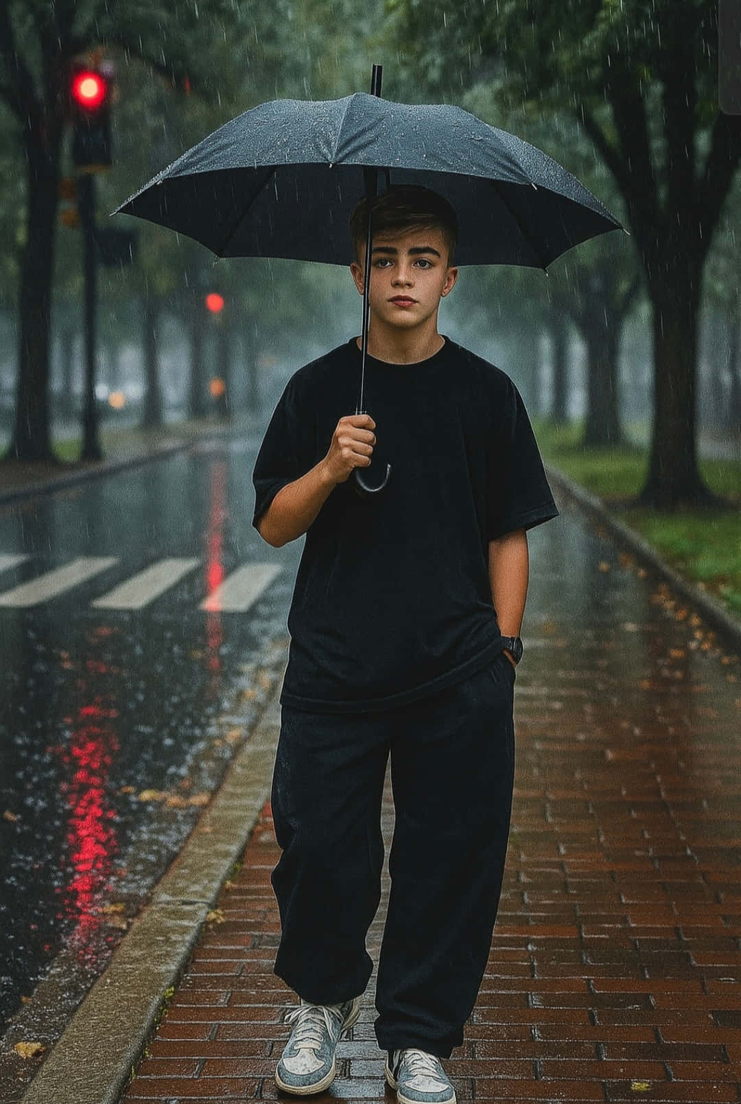 black attire, black umbrella, wet brick sidewalk, HD Phone Wallpaper