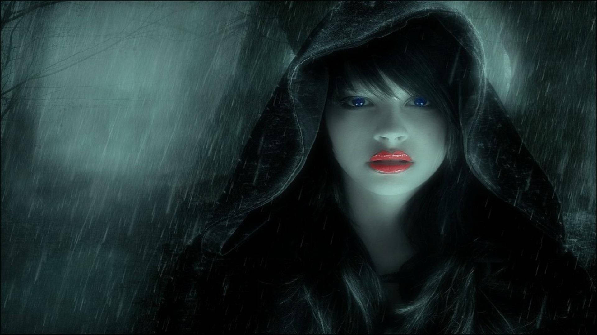 dark hooded cloak, glowing blue eyes, vivid red lips, Full HD Desktop Wallpaper