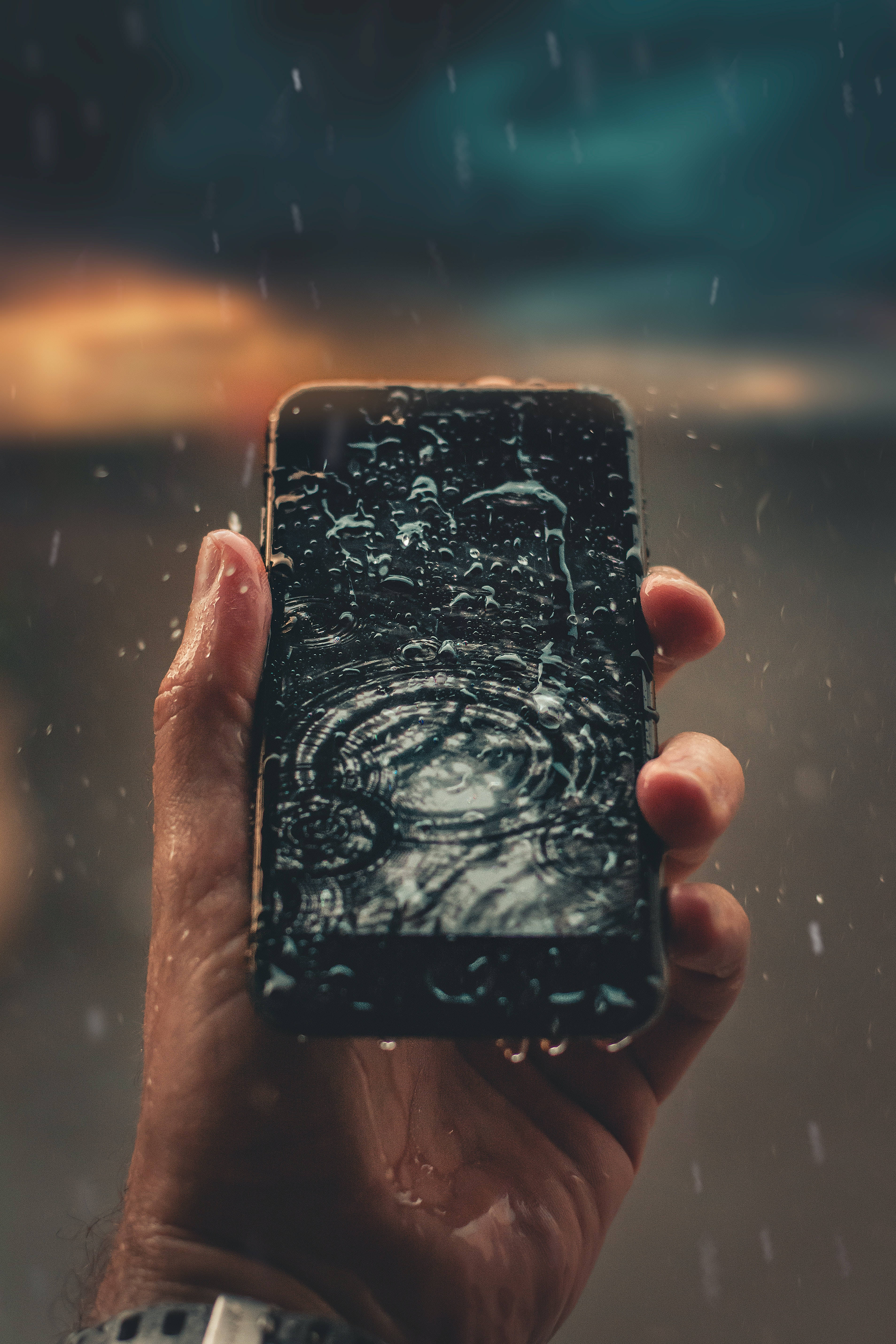 rainy day, woodlands, water-damaged smartphone, 5K Phone Wallpaper