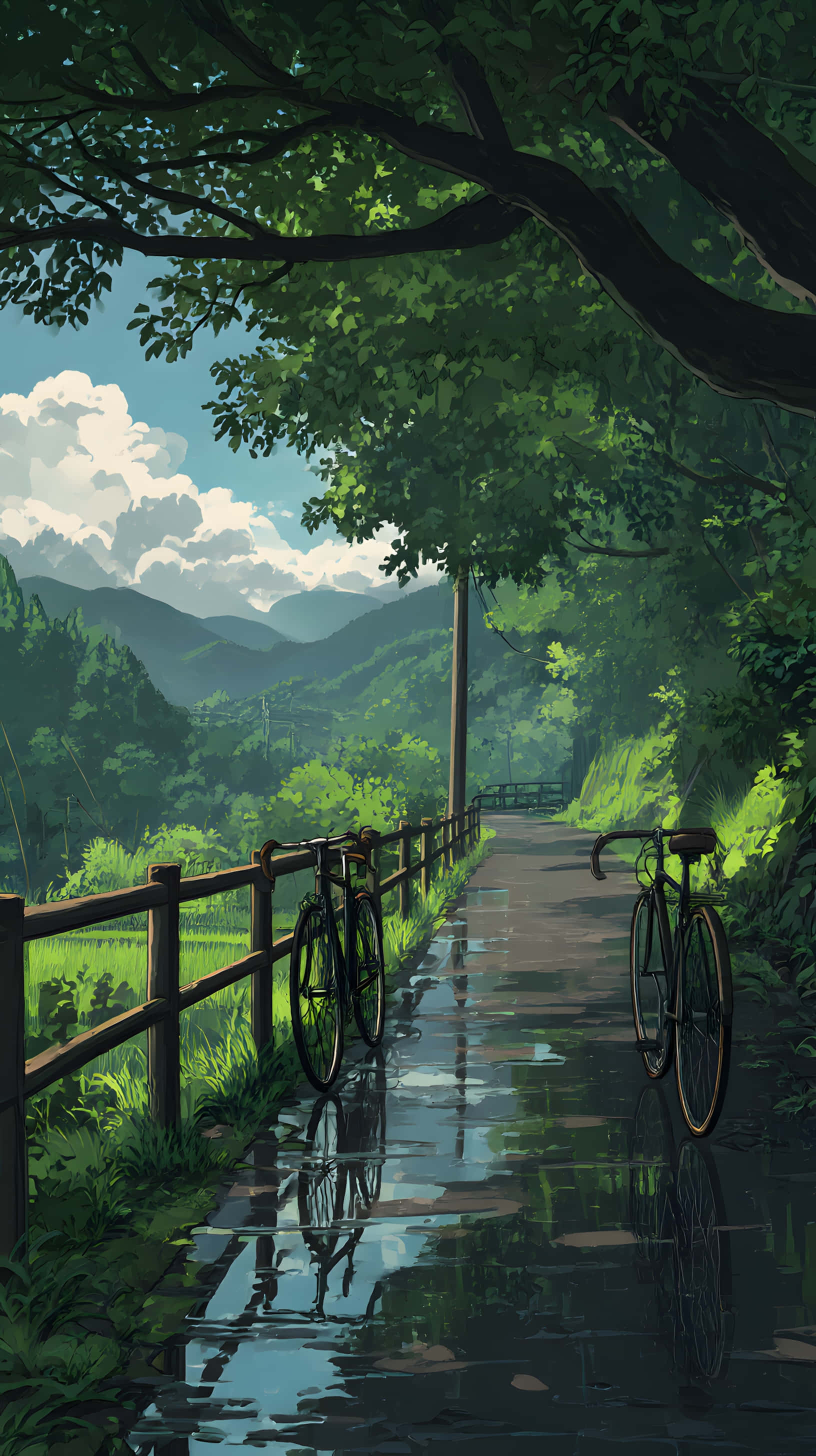 rain-slicked path, lush green mountains, partly cloudy sky, 2K Phone Wallpaper