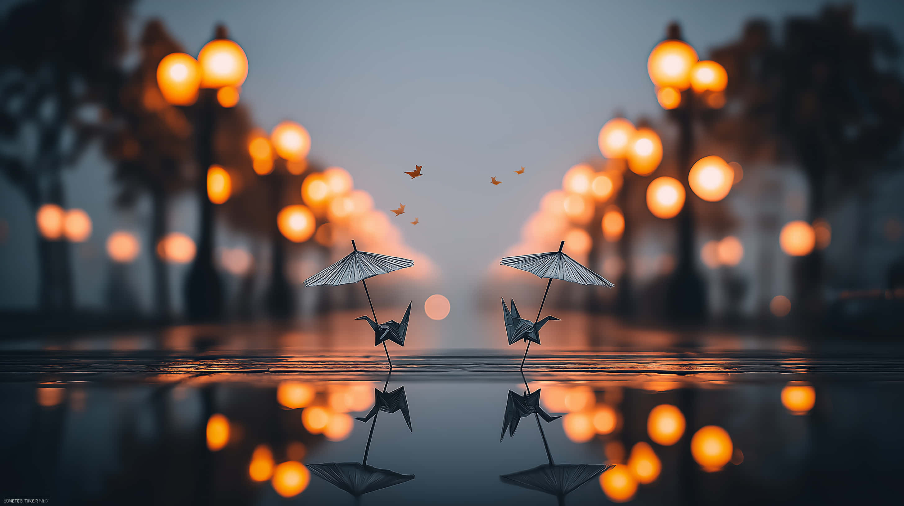 origami cranes, umbrellas, rain puddle, 2K Desktop Wallpaper