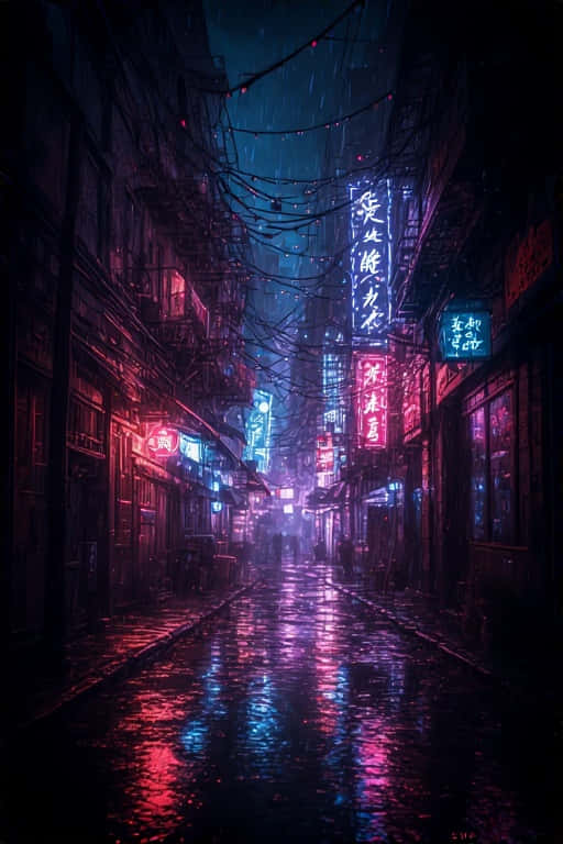 neon signs, wet pavement, dark sky, SD Phone Wallpaper