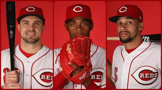 Raisel Iglesias, red and white uniforms, solid red background, SD Desktop Wallpaper