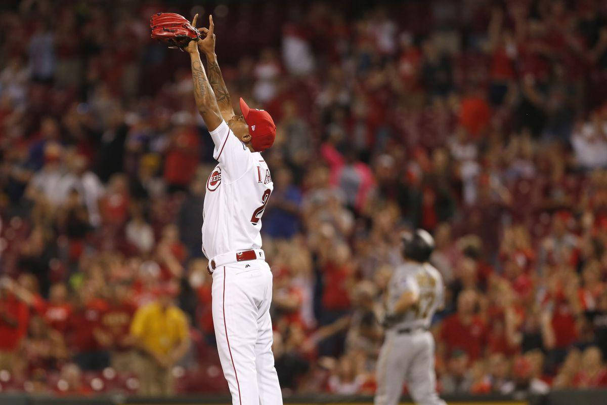 Raisel Iglesias, white uniform, red cap, SD Desktop Wallpaper